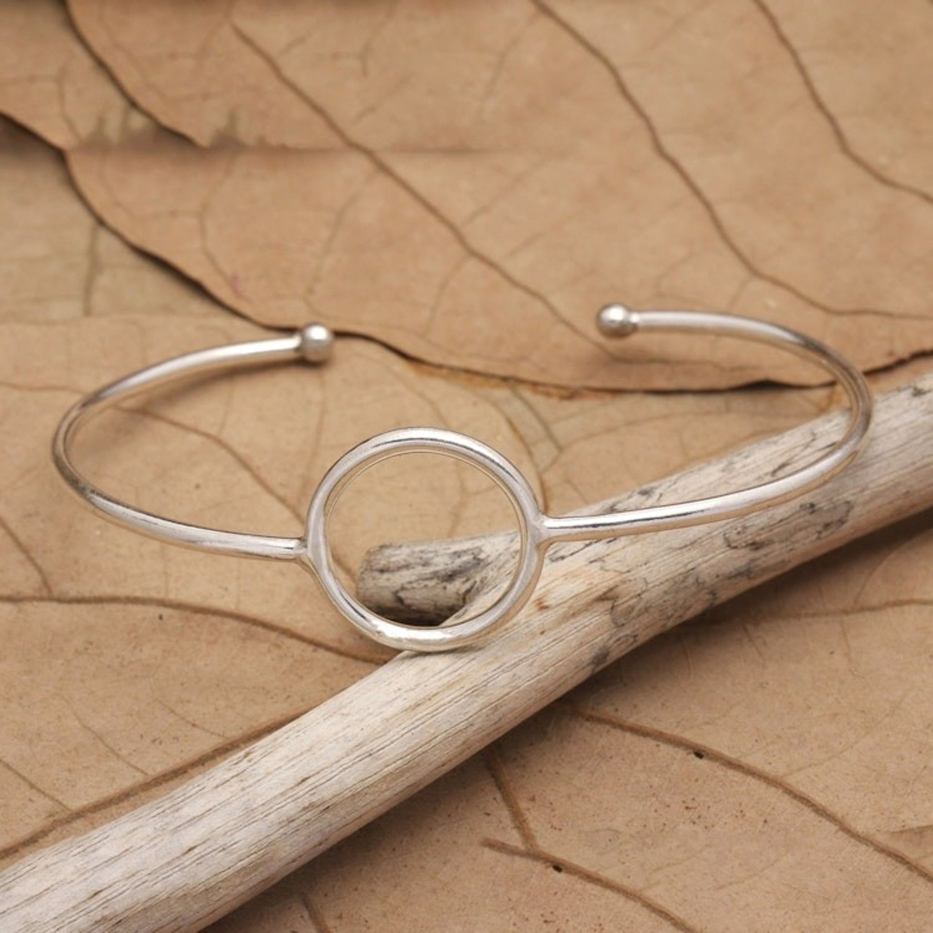 Minimalist Round Accent Sterling Silver Cuff Bracelet 'Globe-Trotting's Core'