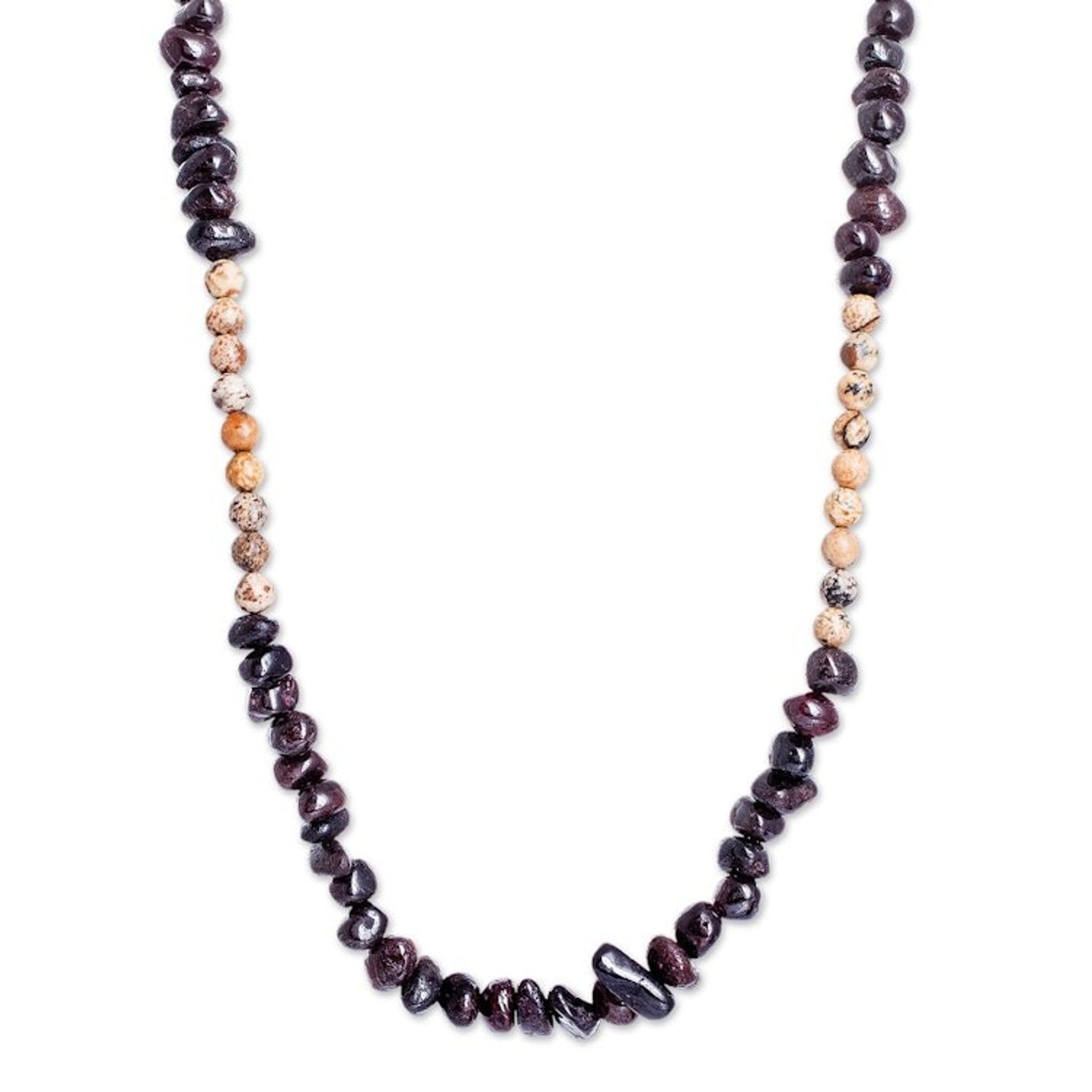 Garnet and Jasper Beaded Necklace Handmade in Guatemala 'Familiar Sands'