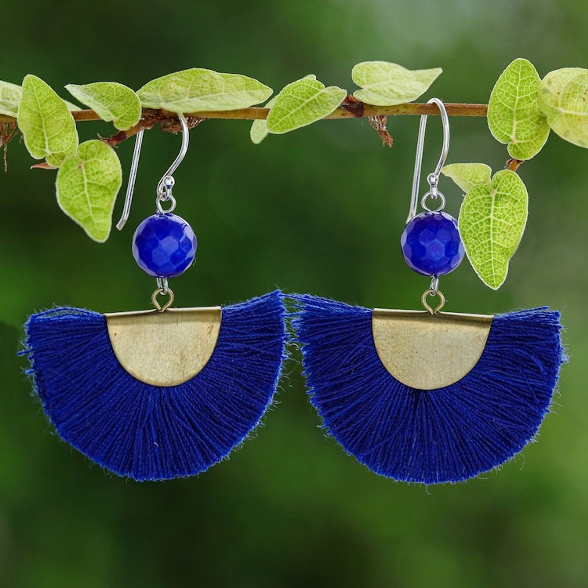 Quartz and Brass Bead Dangle Earrings with Cotton Fringe 'Festival in Ultramarine'