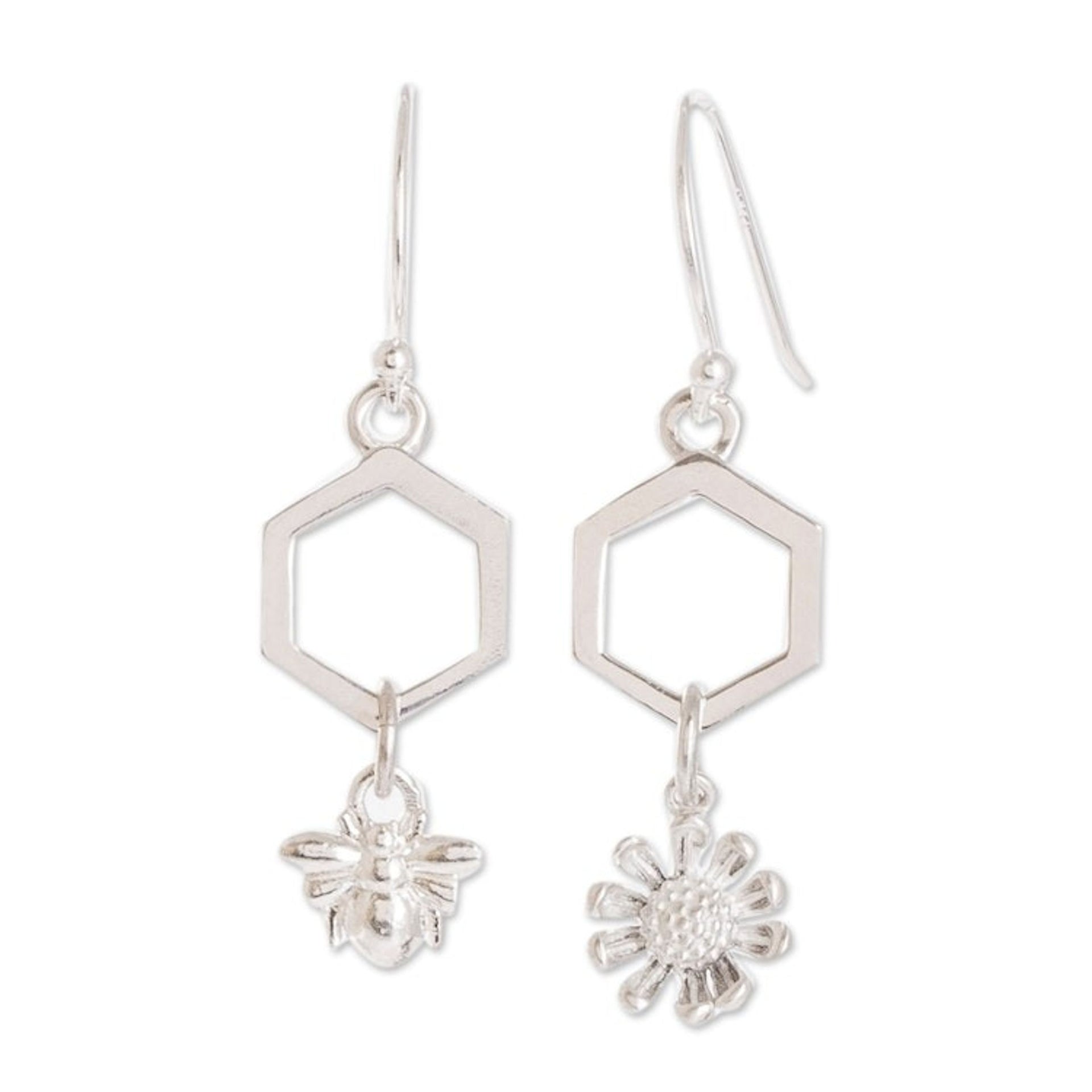 Costa Rican Sterling Silver Bee and Flower Dangle Earrings 'Honeycomb Flower'