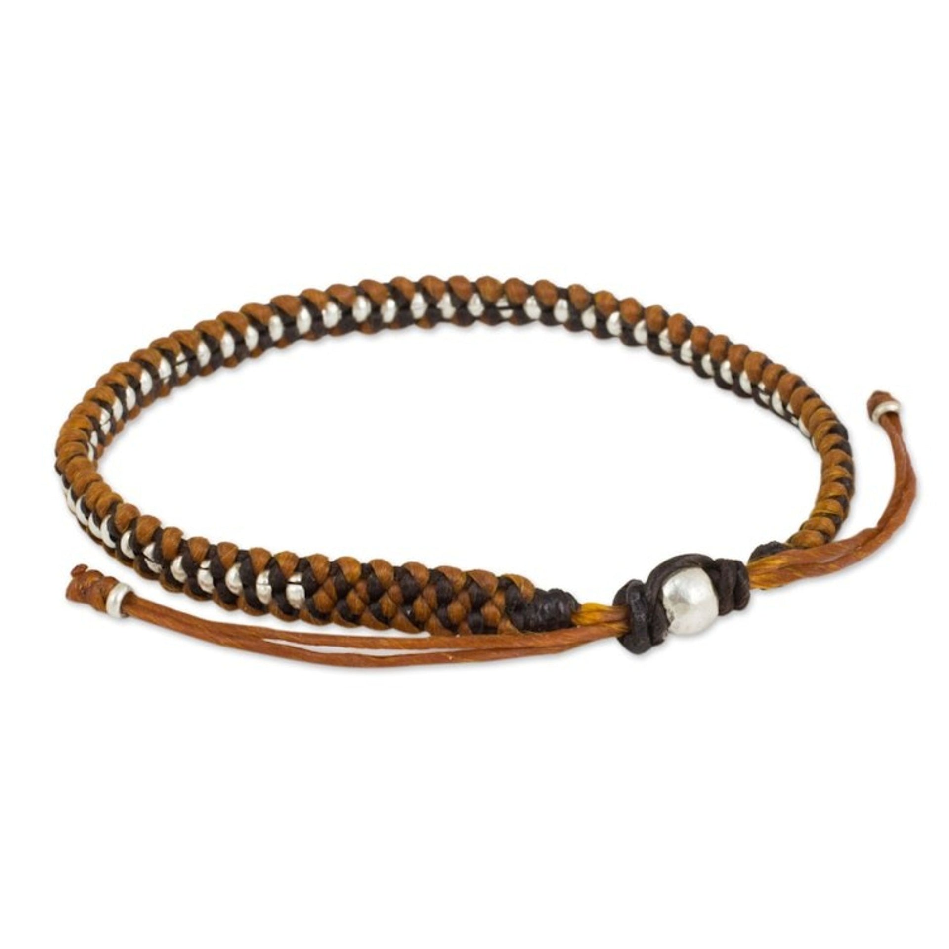 Silver Beads on Brown and Tan Wristband Bracelet 'Brown Tan Progression'