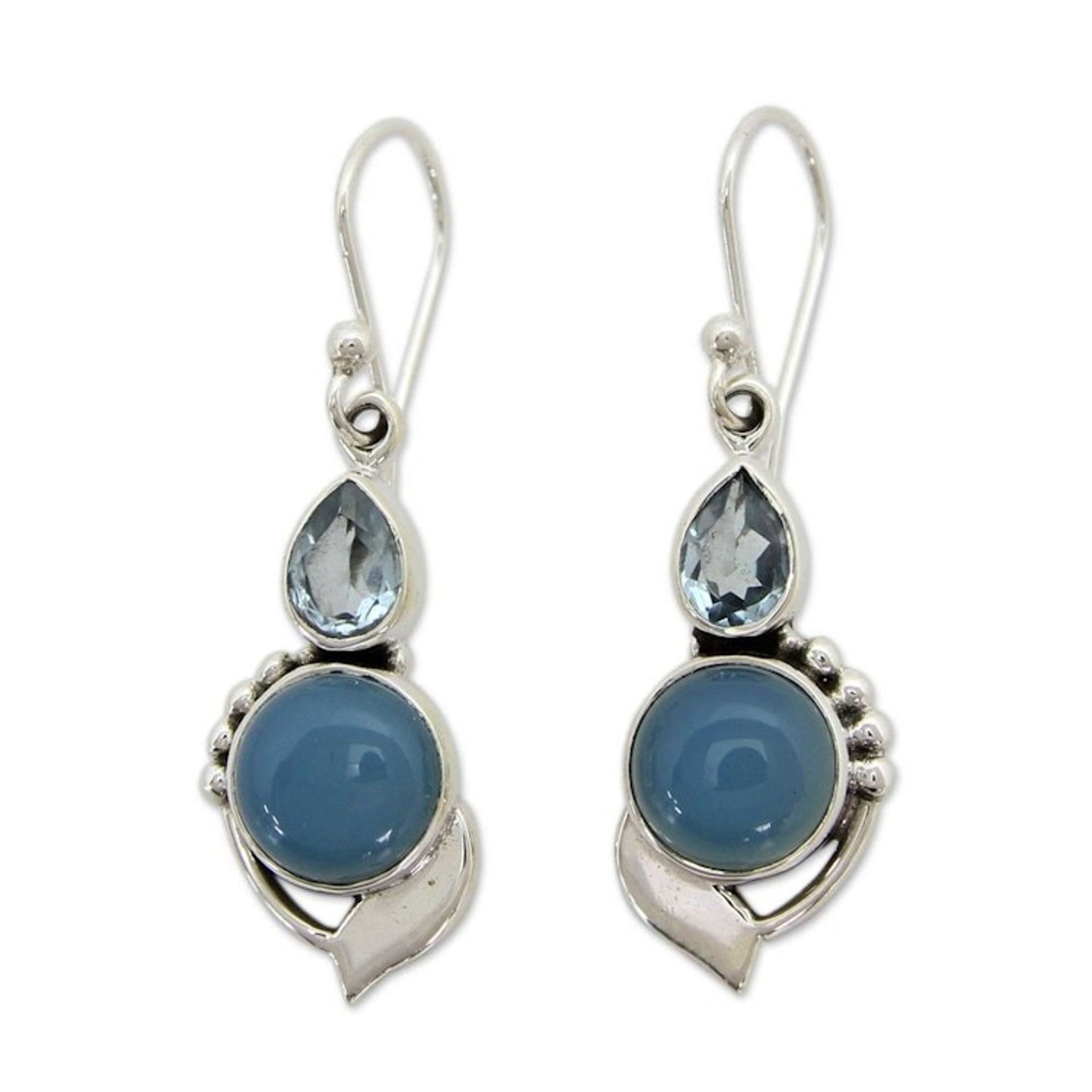 Sterling Silver Hook Earrings with Blue Topaz and Chalcedony 'Modern Romance'
