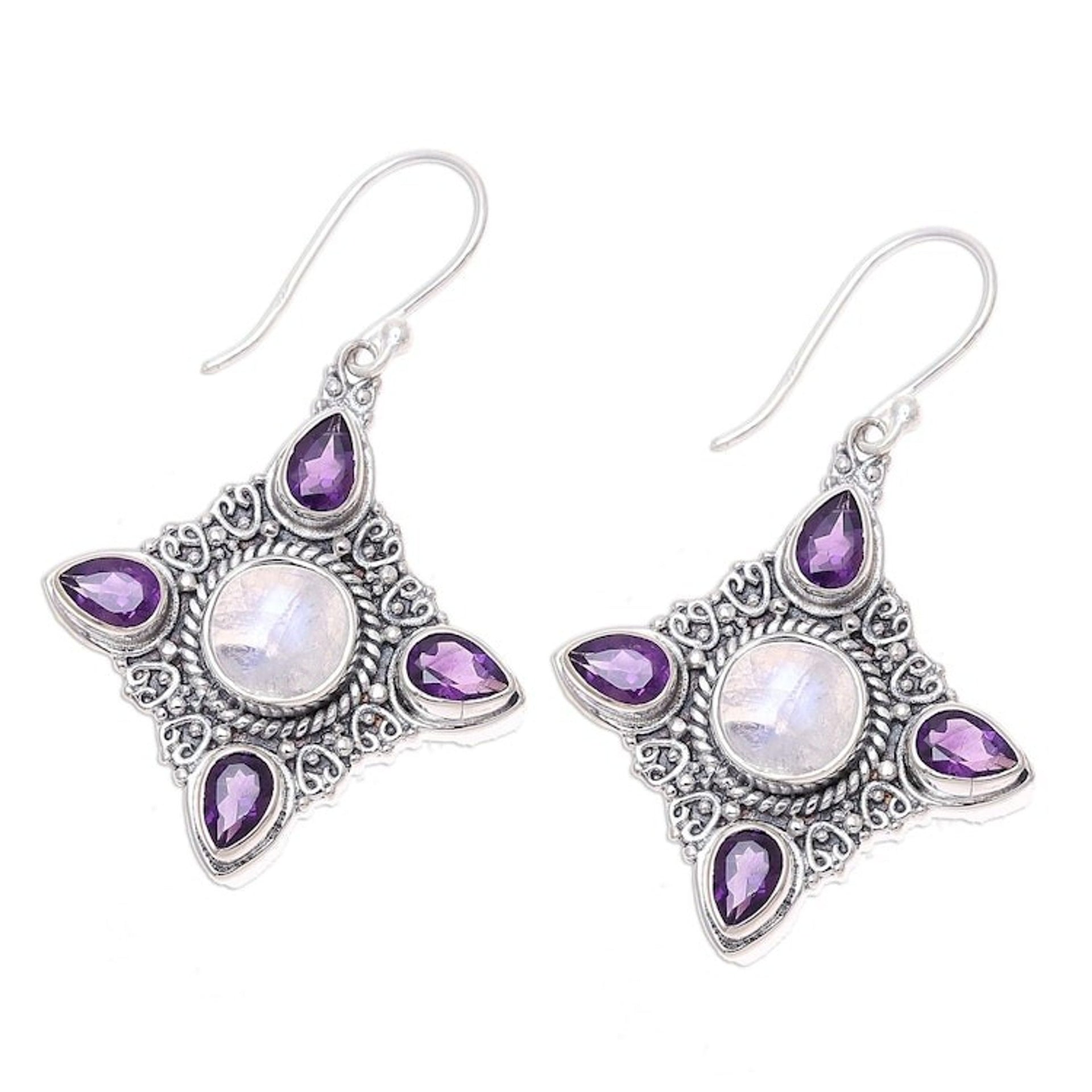Rainbow Moonstone Amethyst Sterling Silver Dangle Earrings 'Eternal Delight'