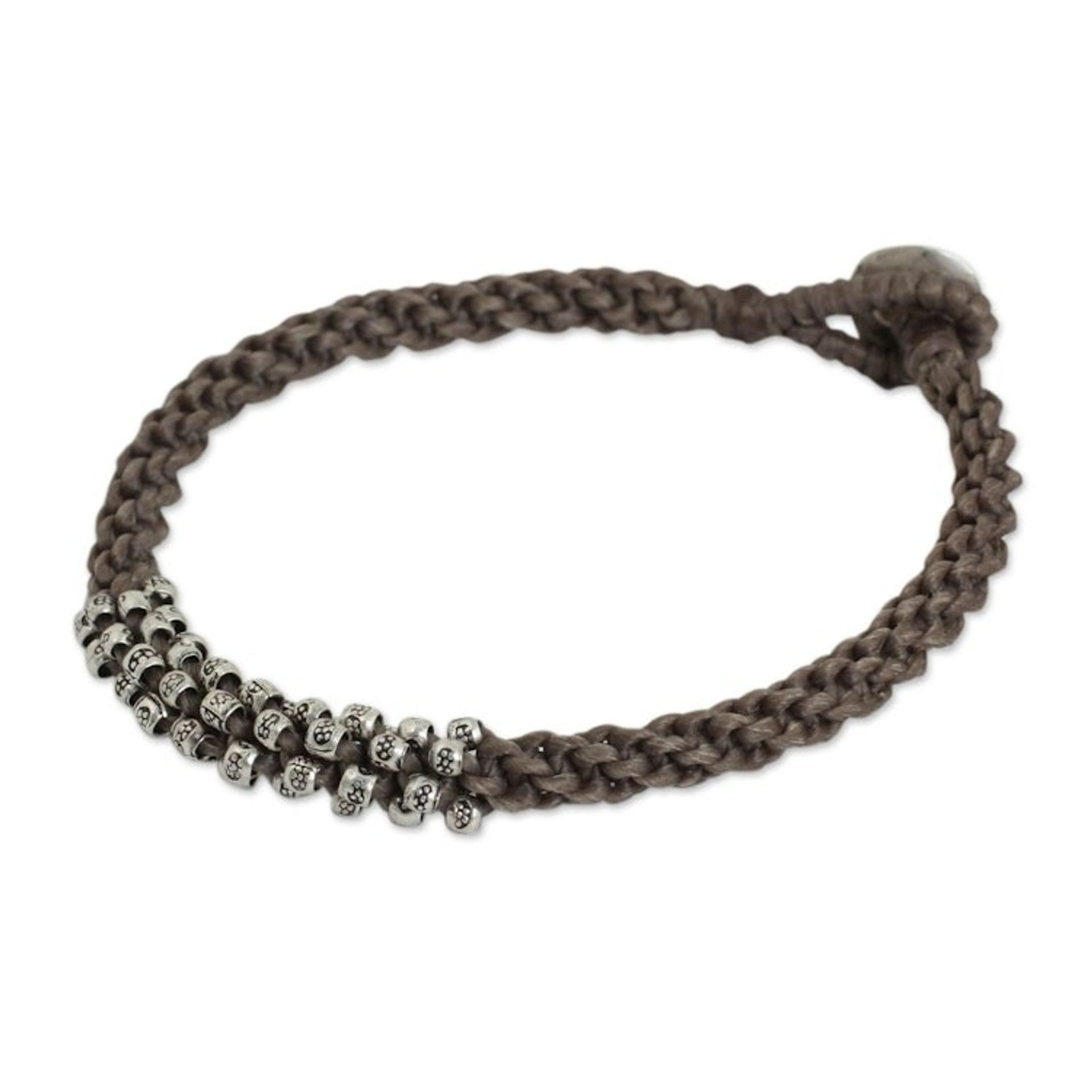 Braided Gray Cord Bracelet with Silver 950 Floral Beads 'Tribal Flowers in Taupe'