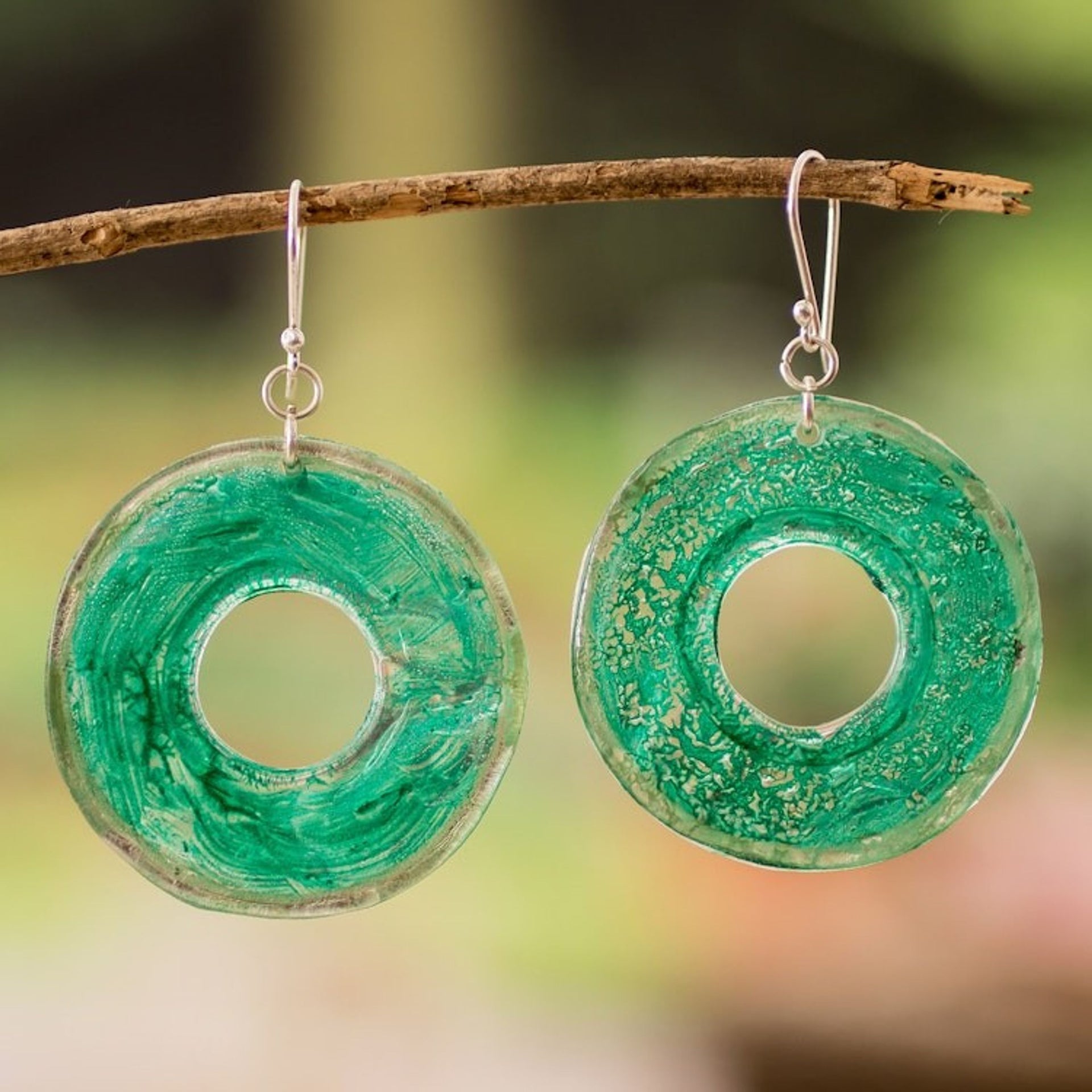 Eco-Friendly Disc-Shaped Green Recycled CD Dangle Earrings 'Green Cycles'