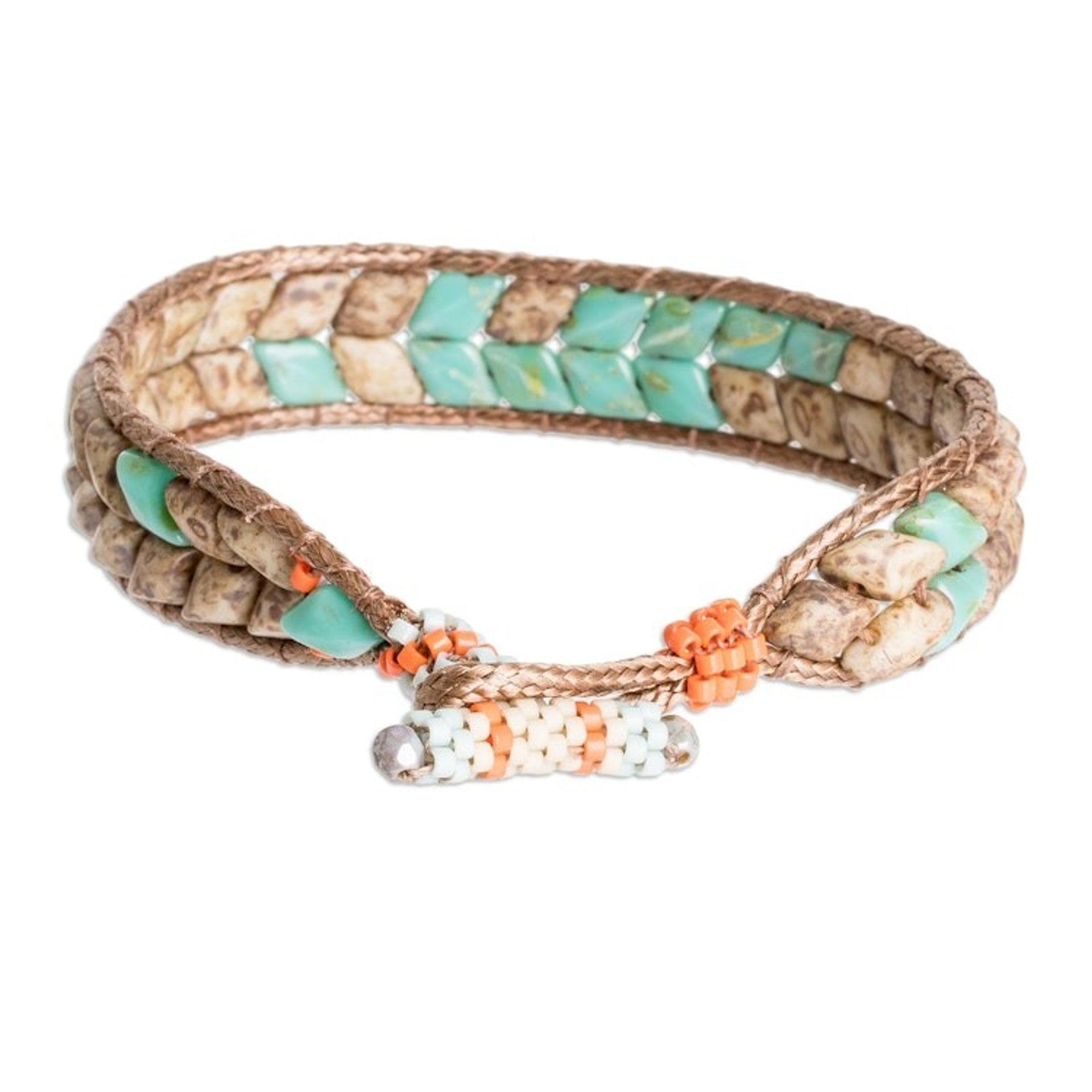 Handmade Turquoise and Brown Glass Beaded Wristband Bracelet 'Serene Current'