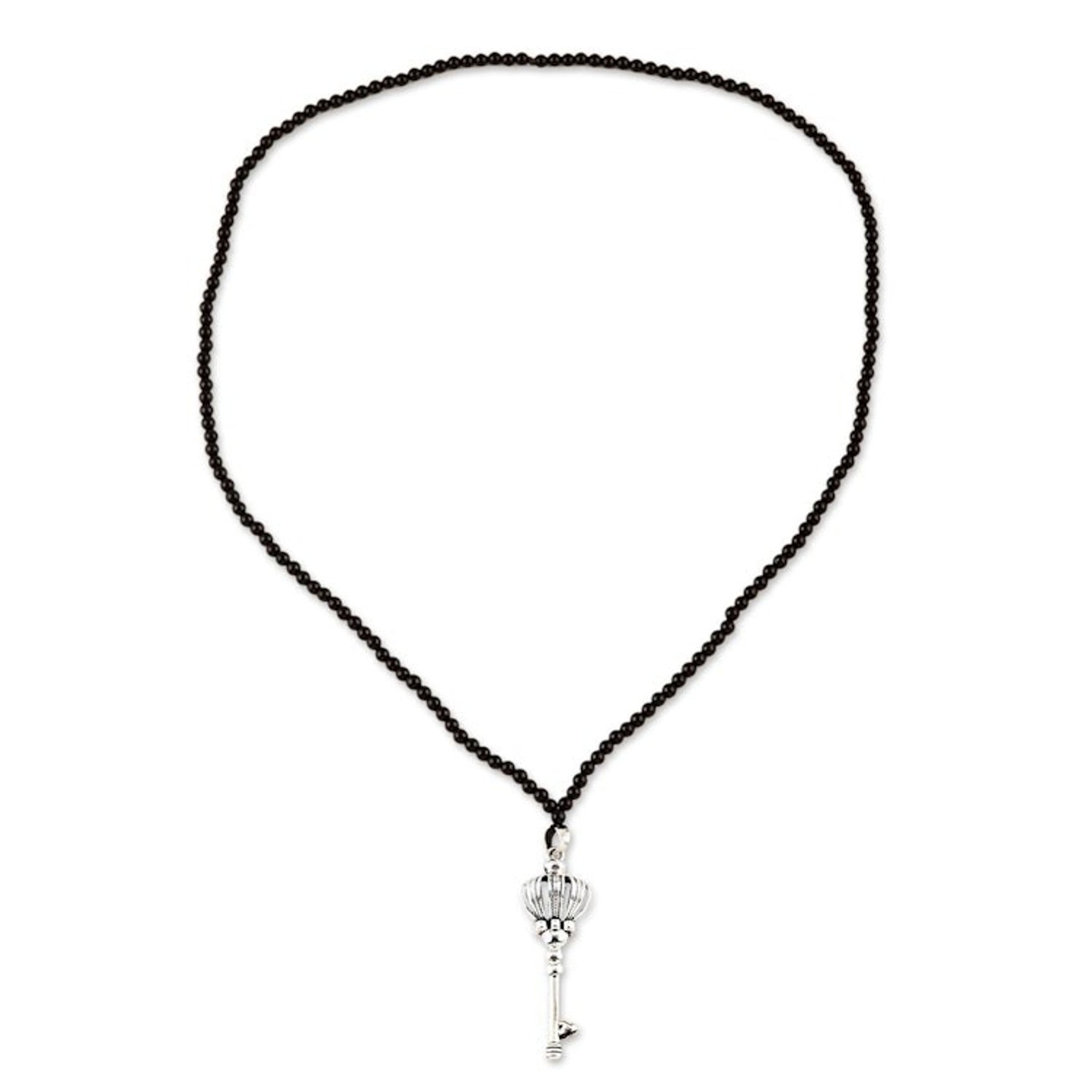 Sterling Silver and Onyx Key-Motif Pendant Necklace 'Magic Key'