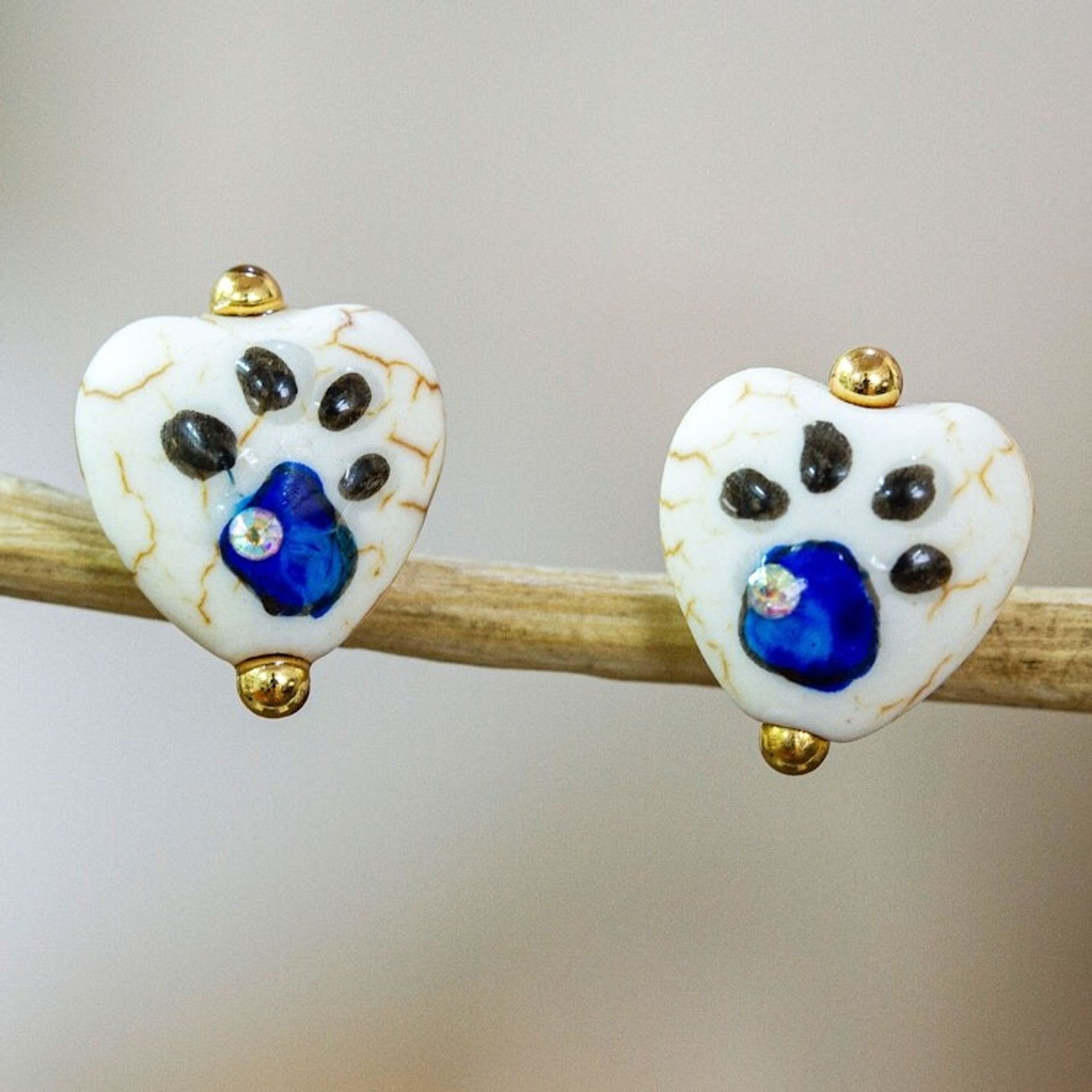 14k Gold-Accented Cyan Heart-Shaped Howlite Stud Earrings 'Cyan Paws'