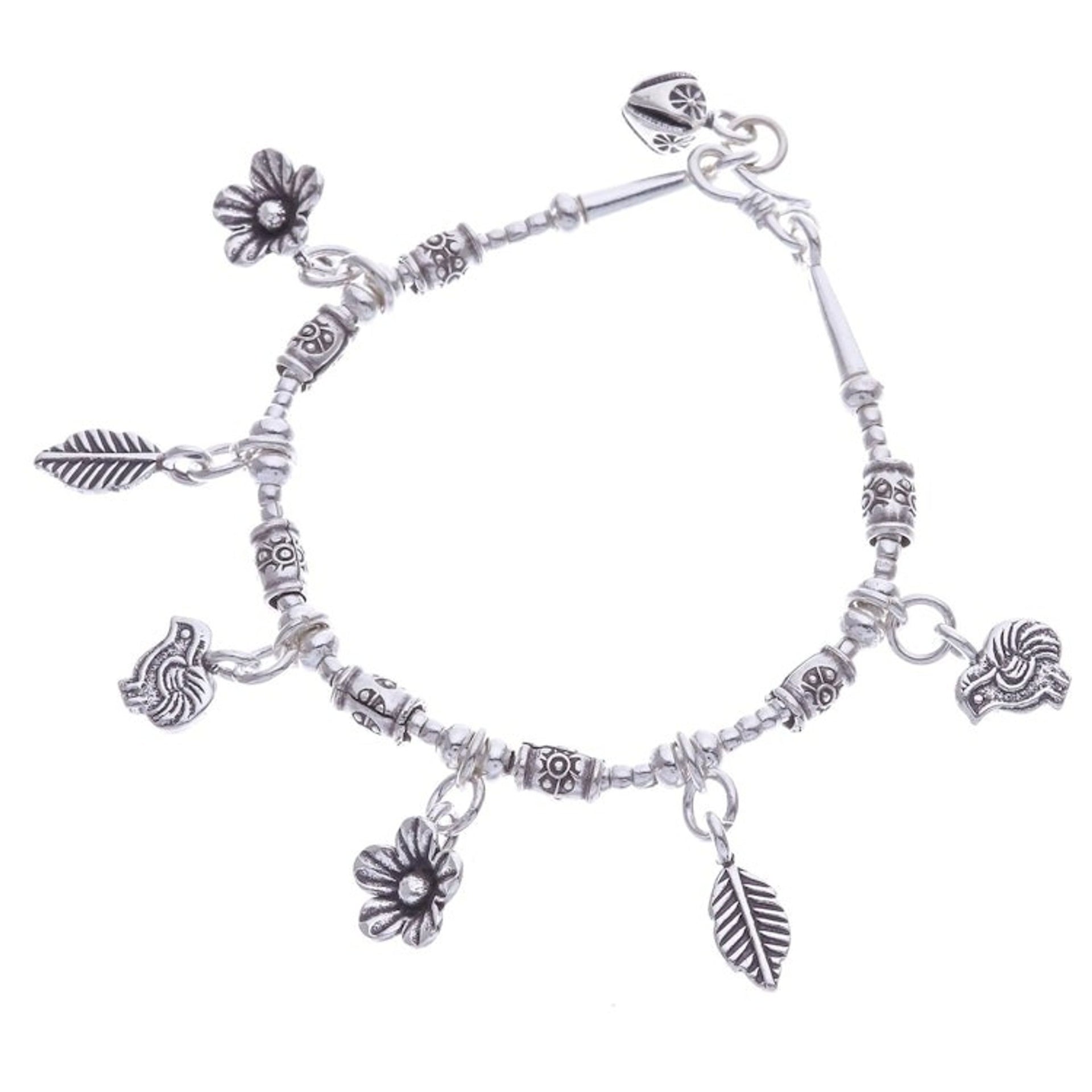 Floral Karen Silver Beaded Charm Bracelet from Thailand 'Essence of the Forest'
