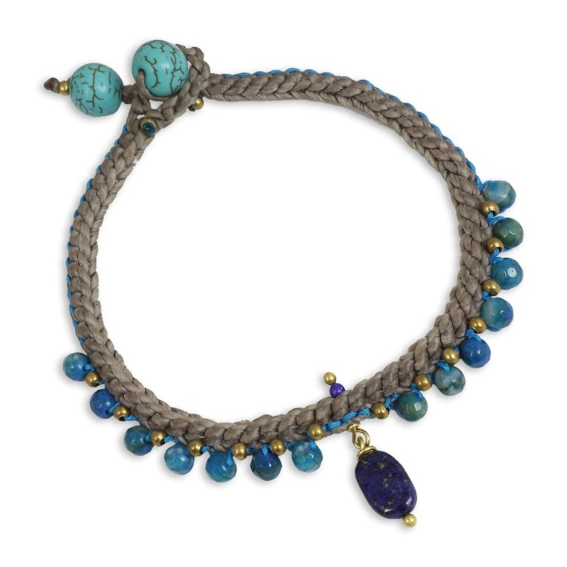 Lapis Lazuli and Agate Braided Bracelet with Brass Beads 'Mae Sa Cascade'