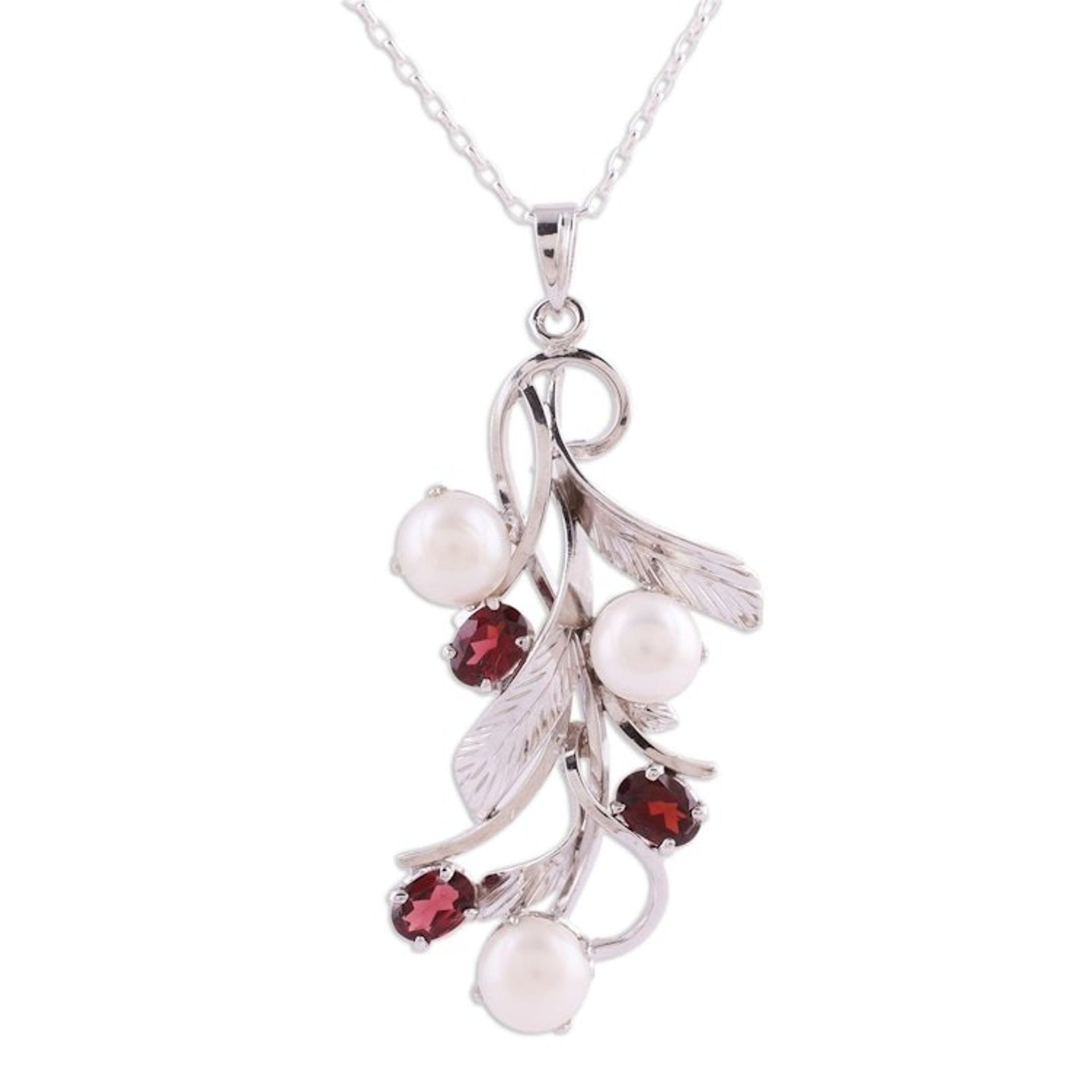 Cultured Pearl and Faceted Garnet Necklace from India 'Blissful Nature'