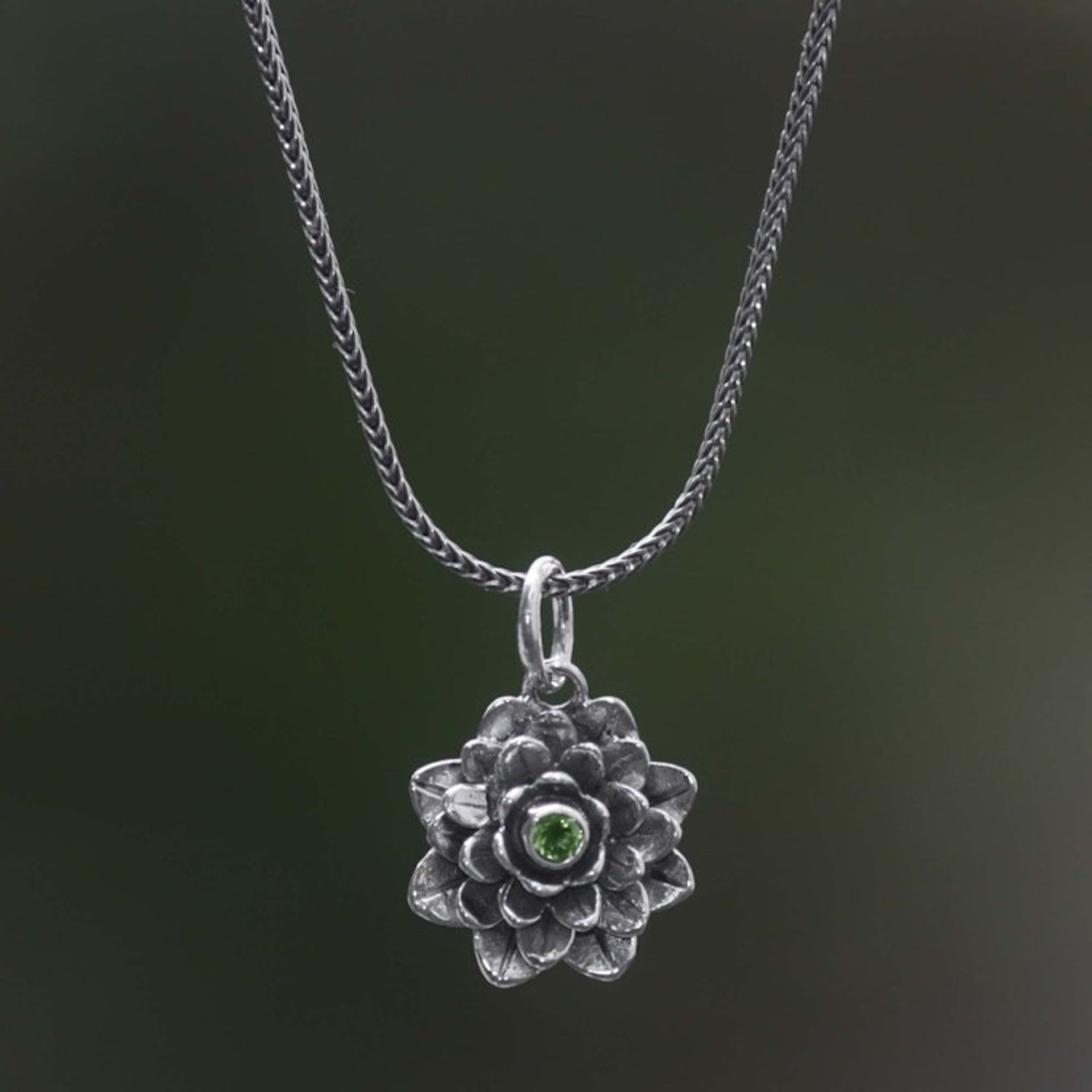 Floral Sterling Silver and Peridot Pendant Necklace 'Sacred Green Lotus'