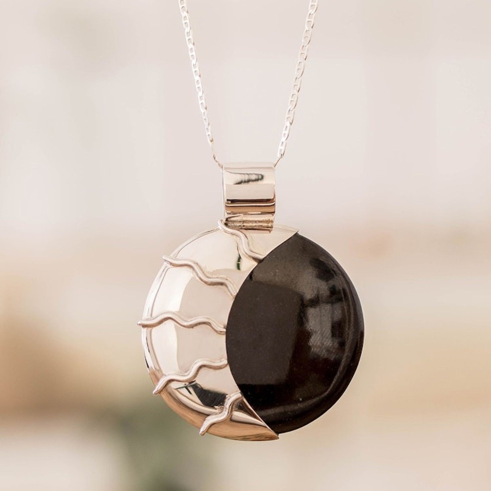 Sun and Moon-Themed Black and Green Jade Reversible Necklace 'Maya Eclipse'