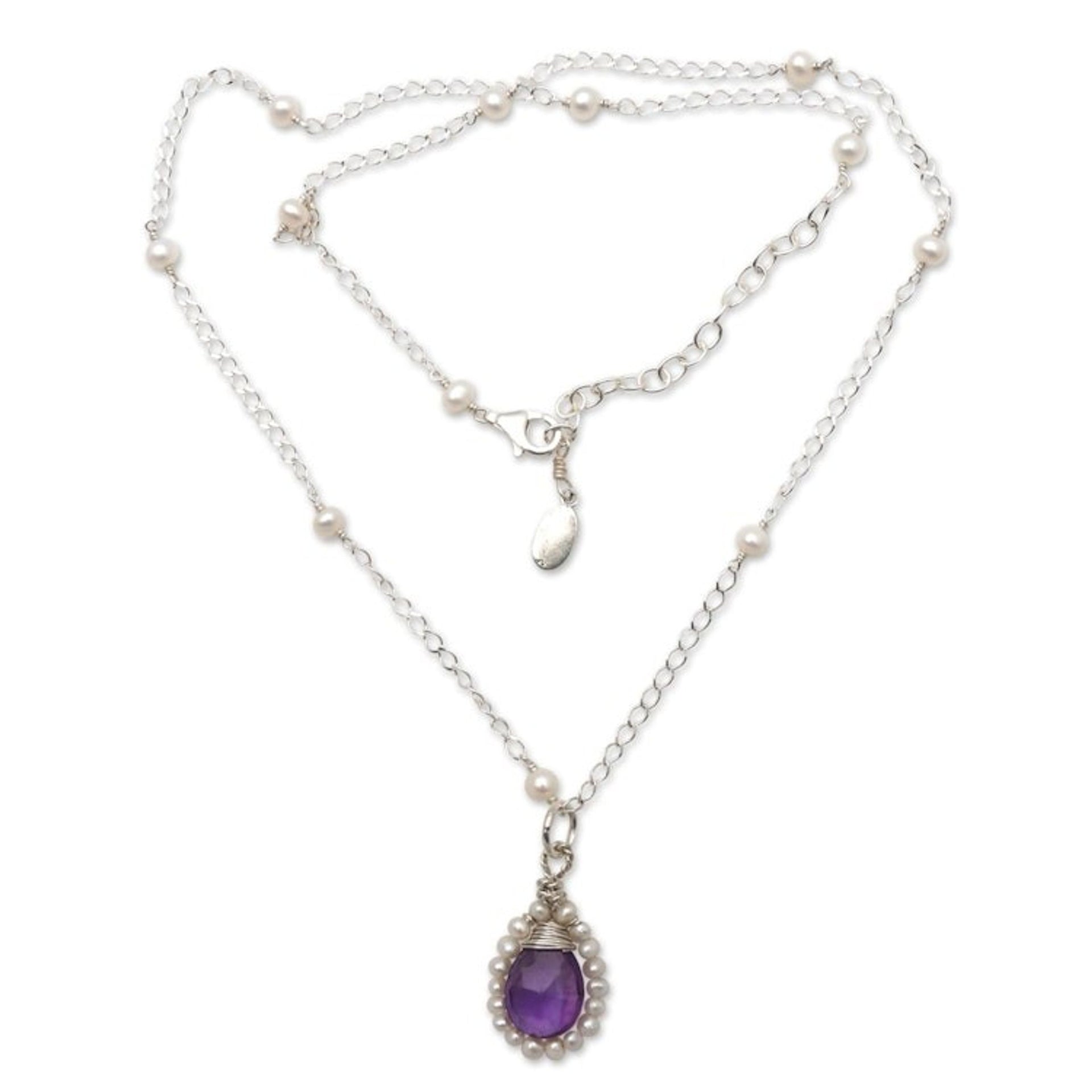 Amethyst and Cultured Pearl Pendant Necklace from Bali 'Wreathed Beauty'