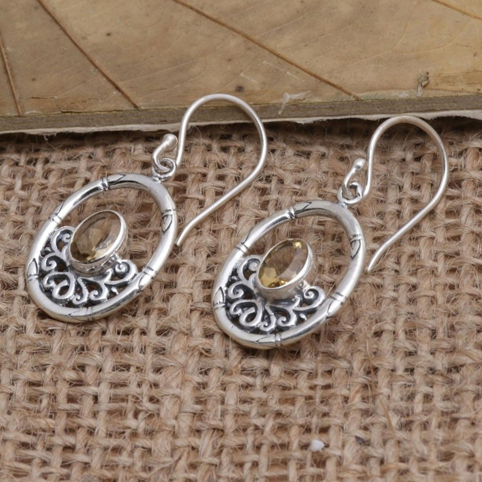 Citrine and Sterling Silver Dangle Earrings 'Petite Bamboo'