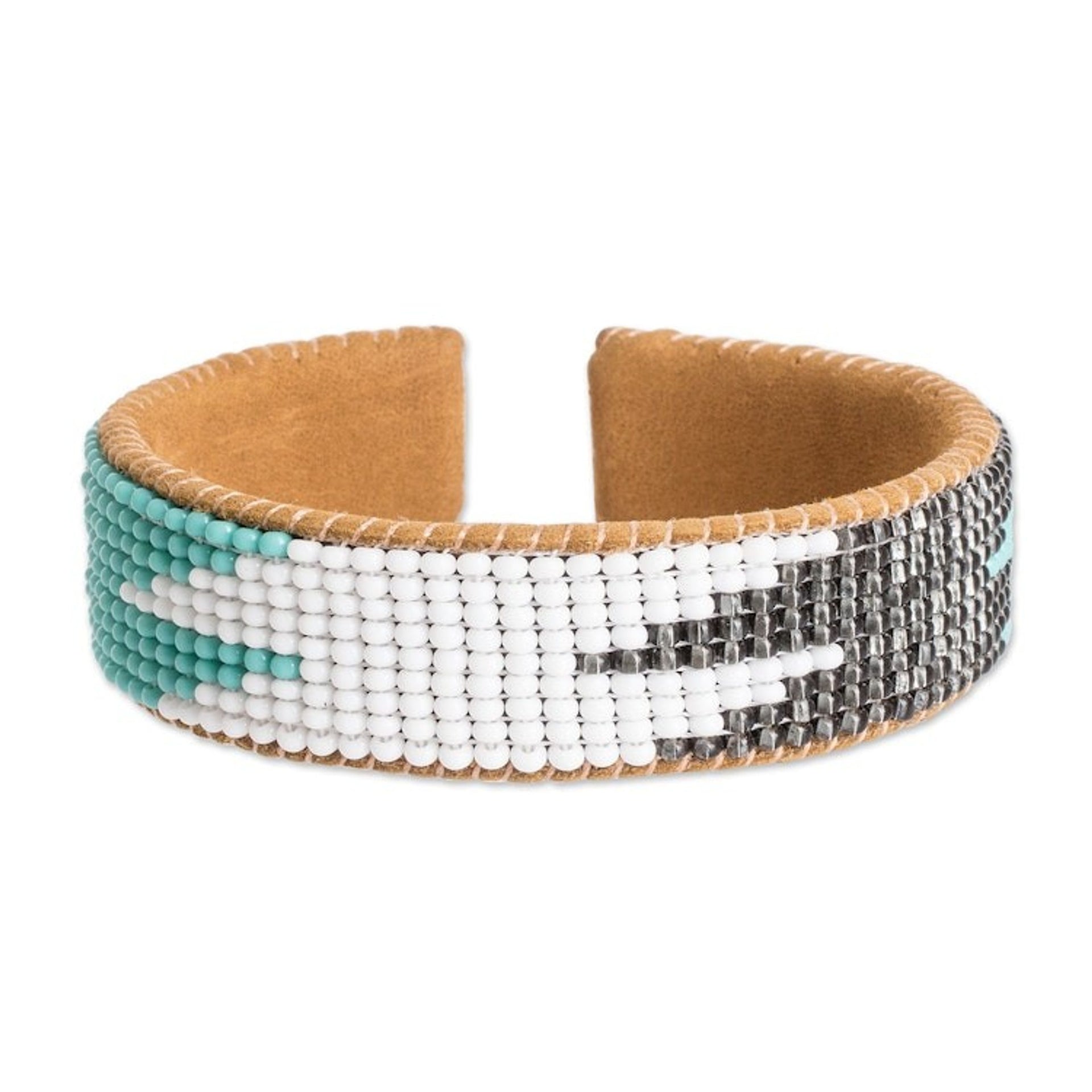 Leather-Accented Blue and Black Glass Beaded Cuff Bracelet 'Electrifying'