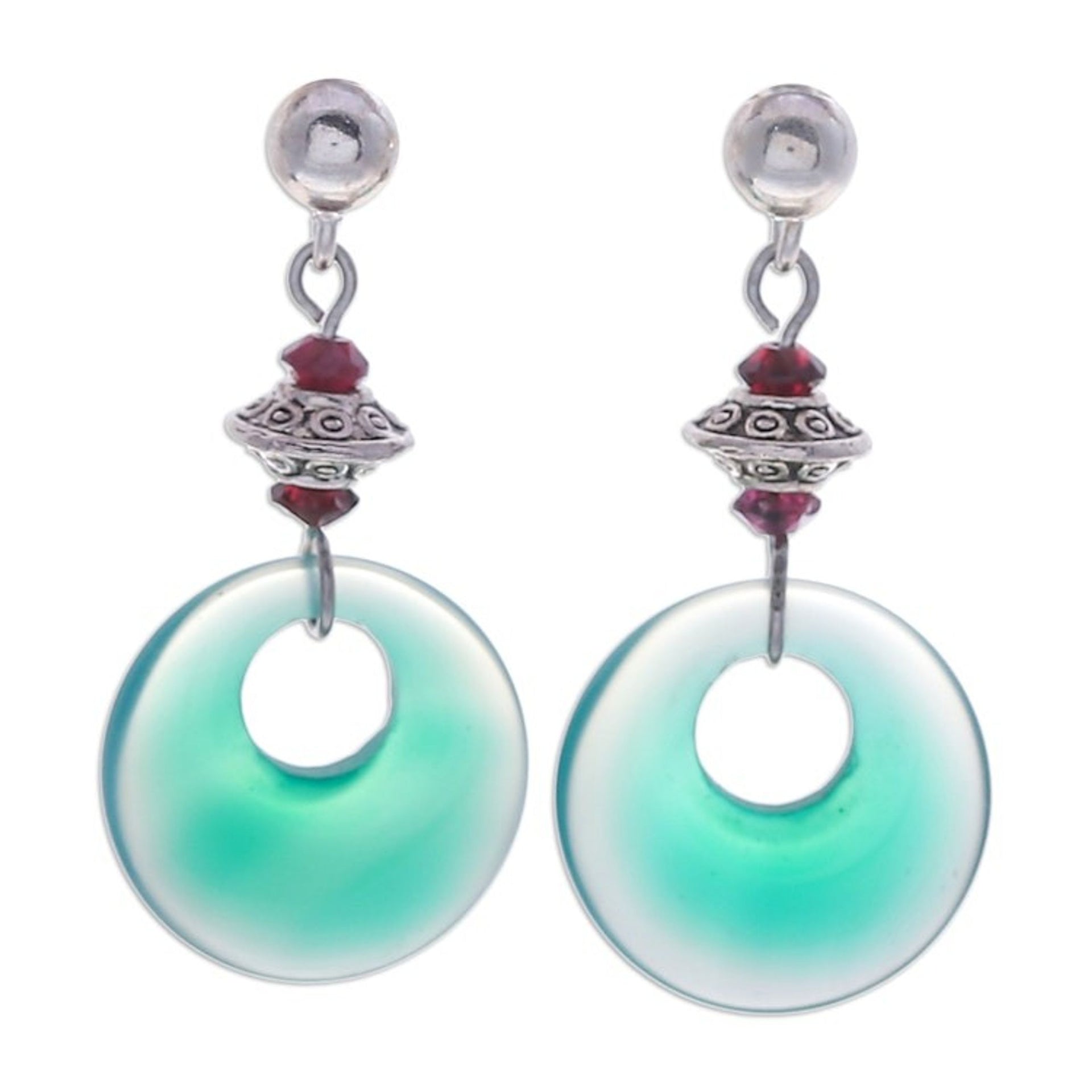 Sterling Silver Dangle Earrings with Green Onyx and Garnet 'Green Loops'