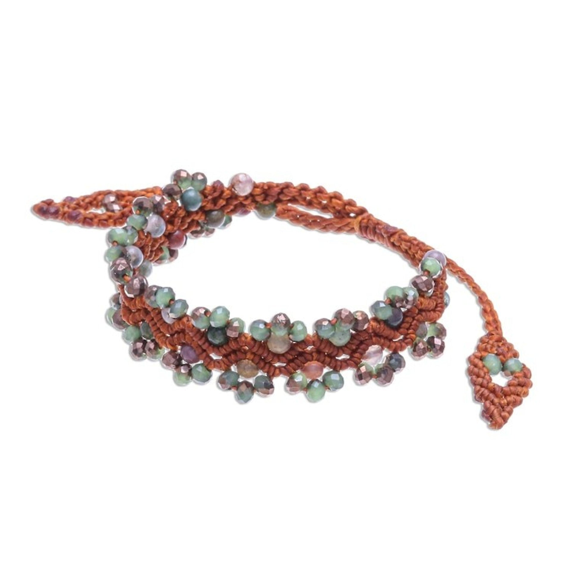 Agate Beaded Cord Bracelet with Sliding Knot 'Shiny Forest in Brown'