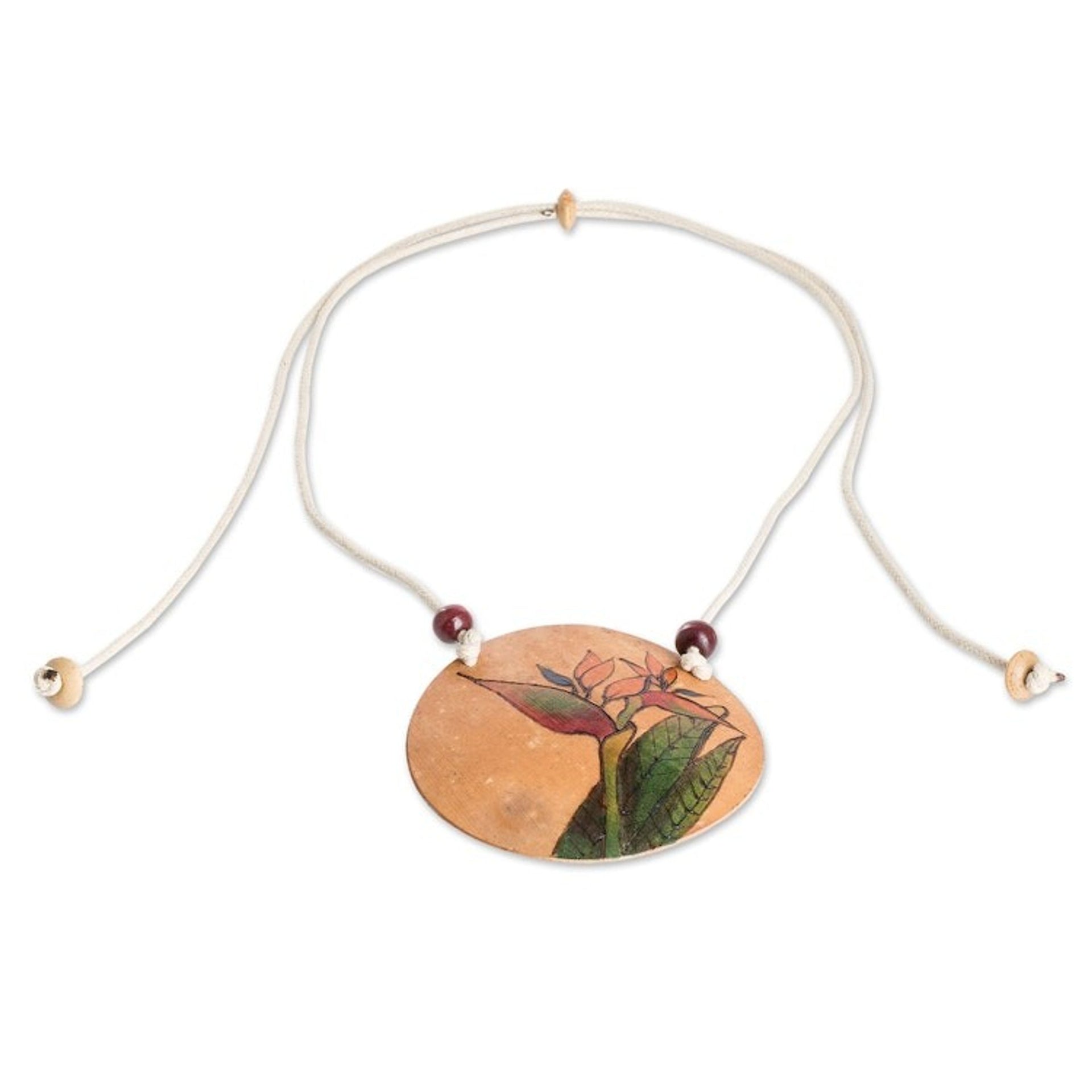 Floral Hand-Painted Calabash Gourd Pendant Necklace 'Paradise Spirit'