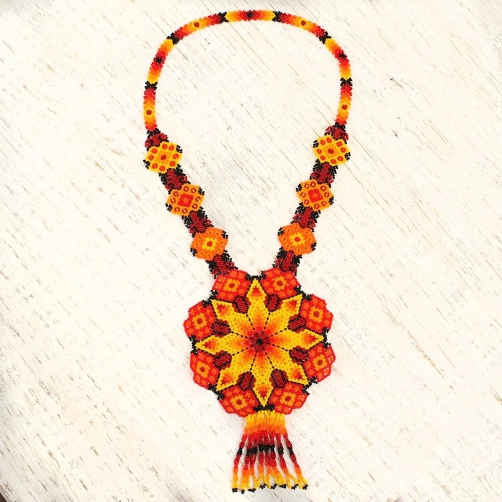 Ceramic Beaded Pendant Necklace in Fiery Hues from Mexico 'Fiery Geometry'