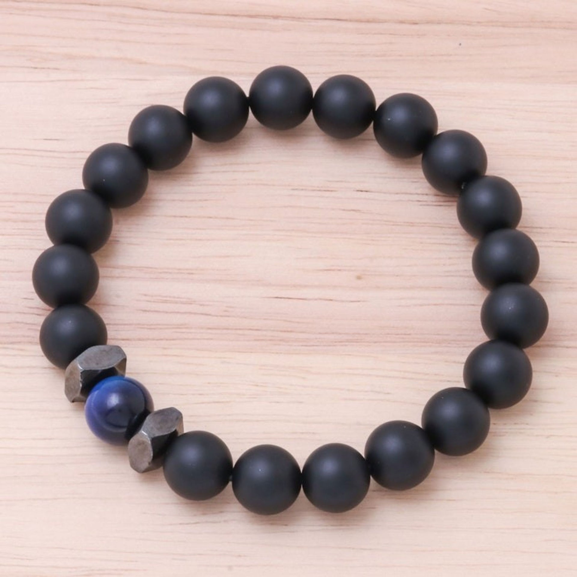 Black Onyx and Blue Tiger's Eye Beaded Stretch Bracelet 'Black Sky'