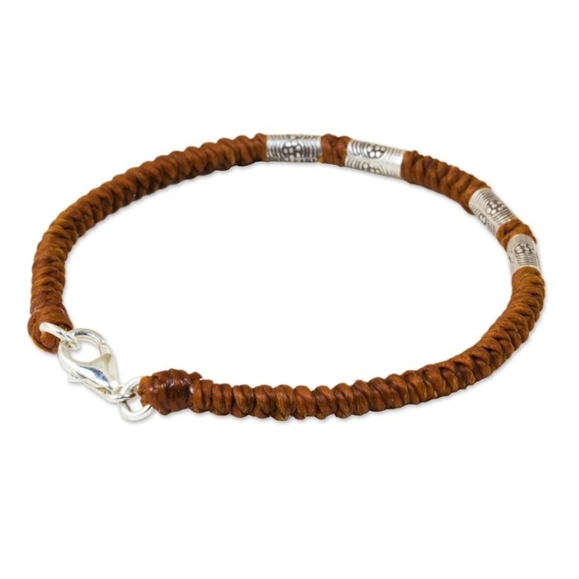 950 Silver Accent Wristband Braided Bracelet from Thailand 'Simply Happy in Rust'