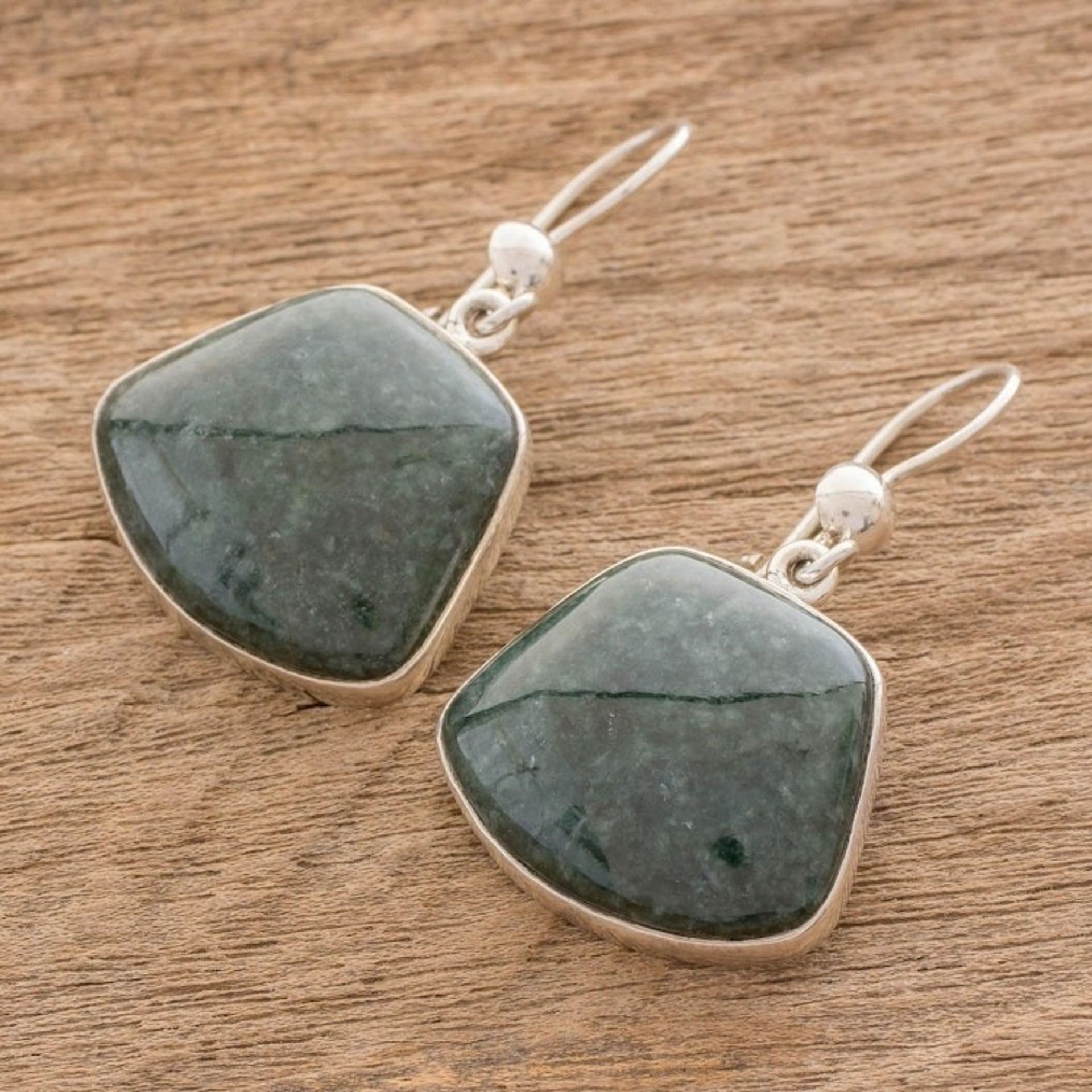 Hand Made Sterling Silver Dangle Jade Earrings 'Dark Maya Quetzal'