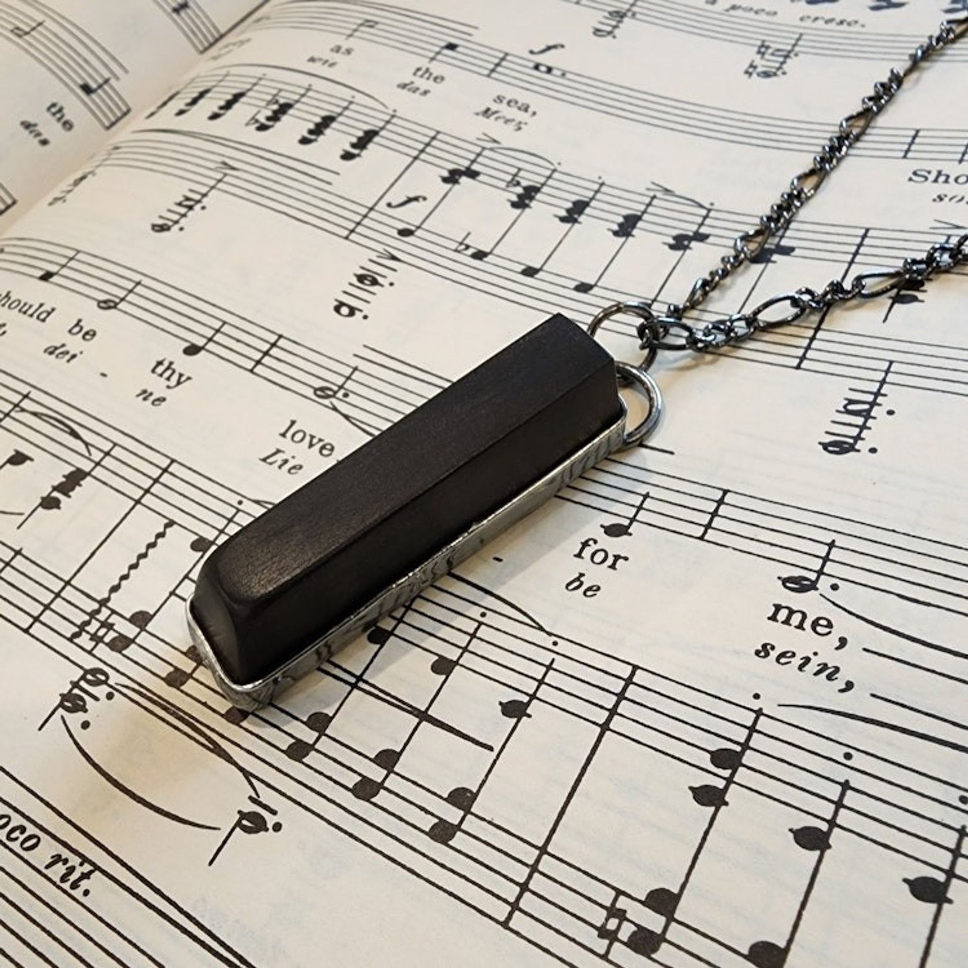 Antique Ebony Piano Key Pendant, Half Note, Long Adjustable Necklace Chain
