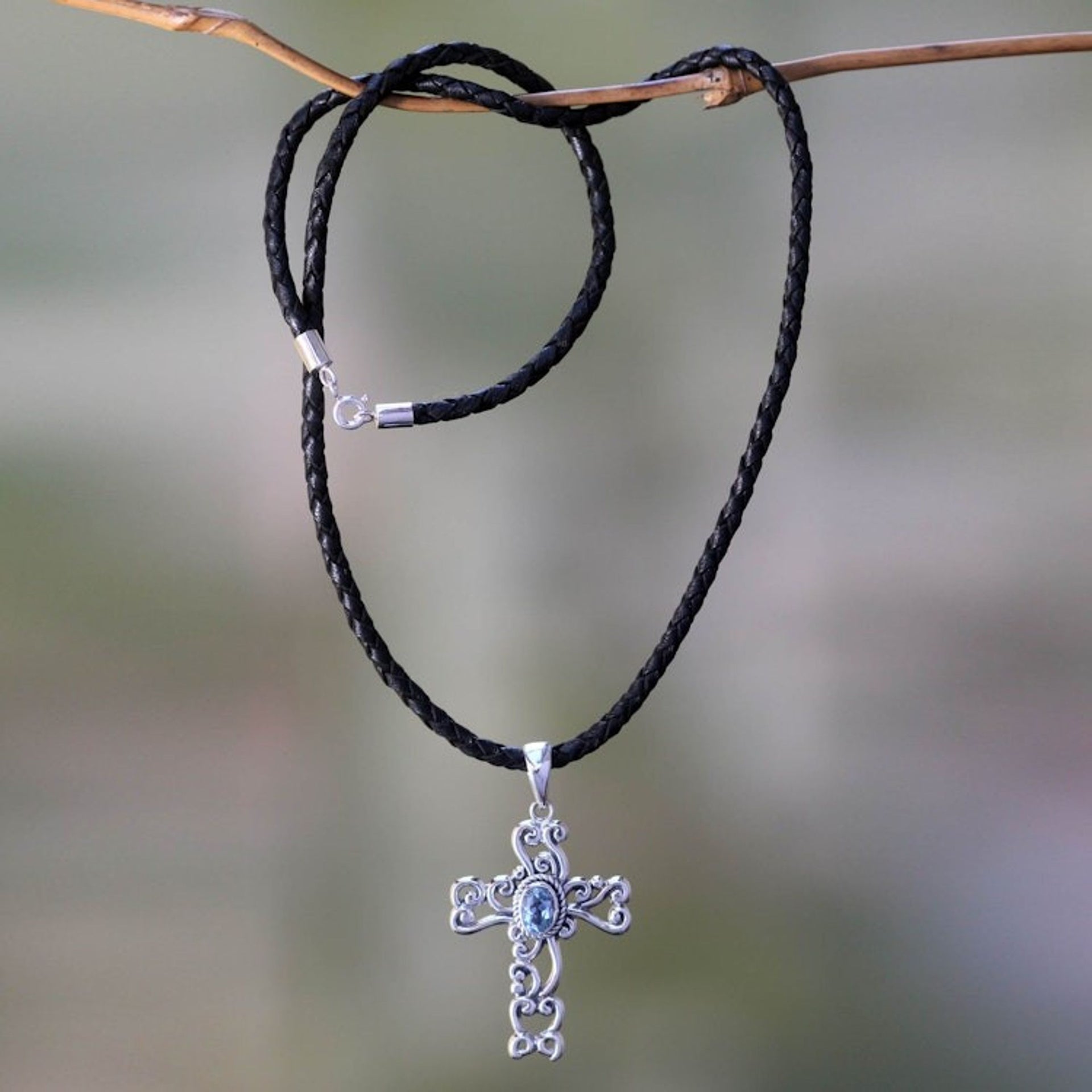 Unique Indonesian Sterling Silver and Blue Topaz Necklace 'Balinese Cross'