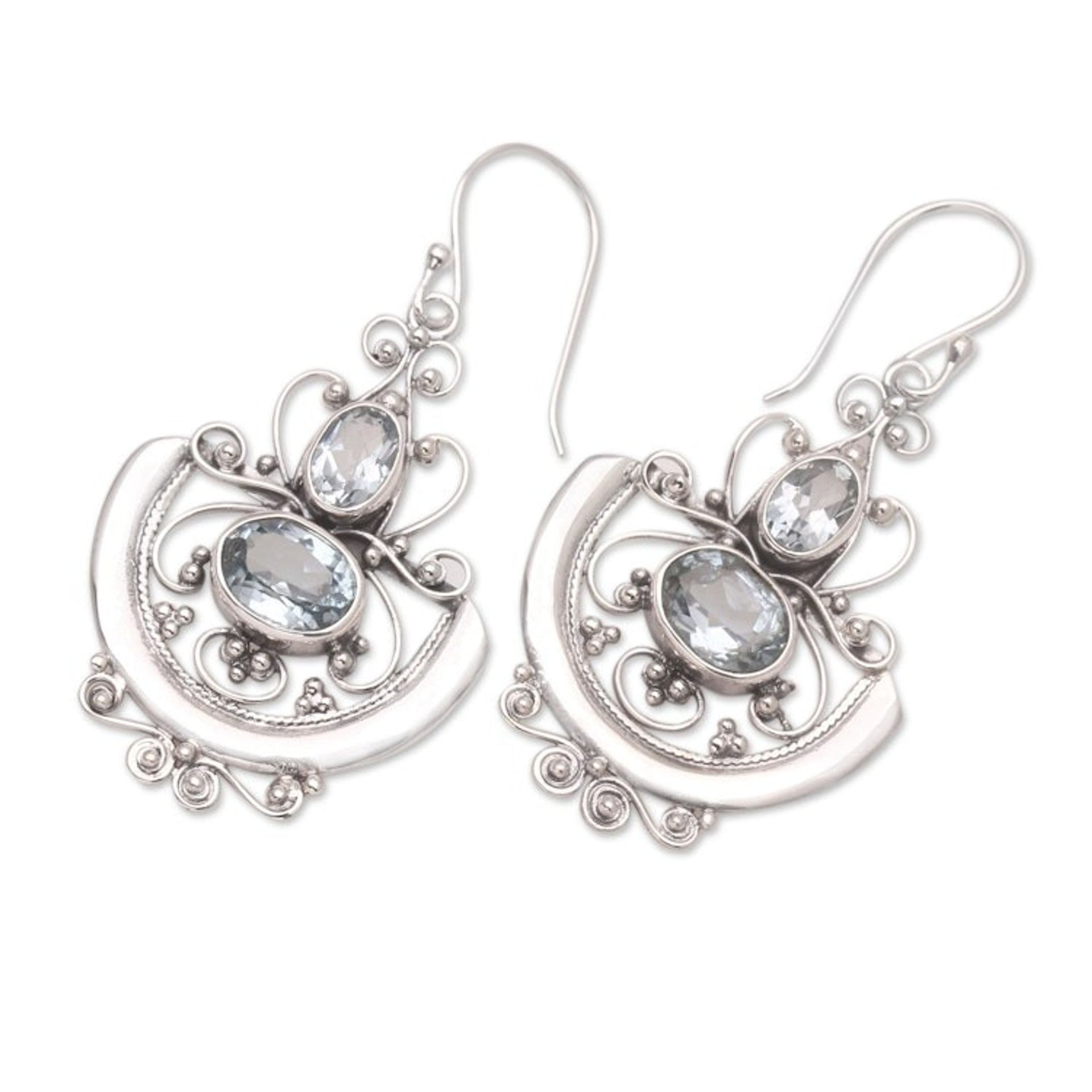 Handcrafted Blue Topaz and Silver Dangle Earrings 'Balinese Goddess'