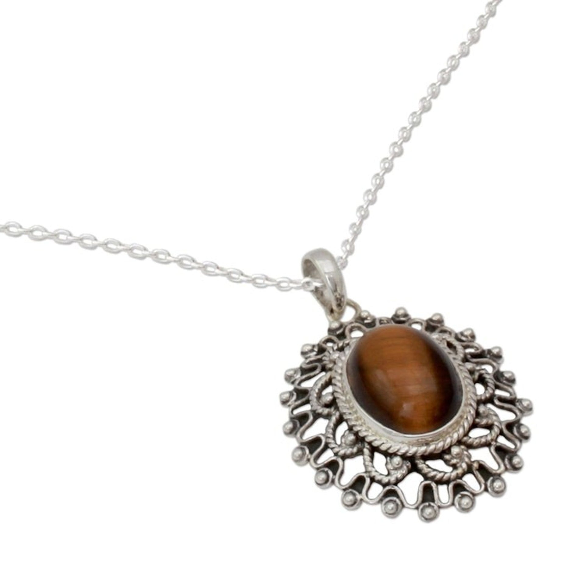 Hand Crafted Sterling Silver and Tigers Eye Pendant Necklace 'Tawny Sun'