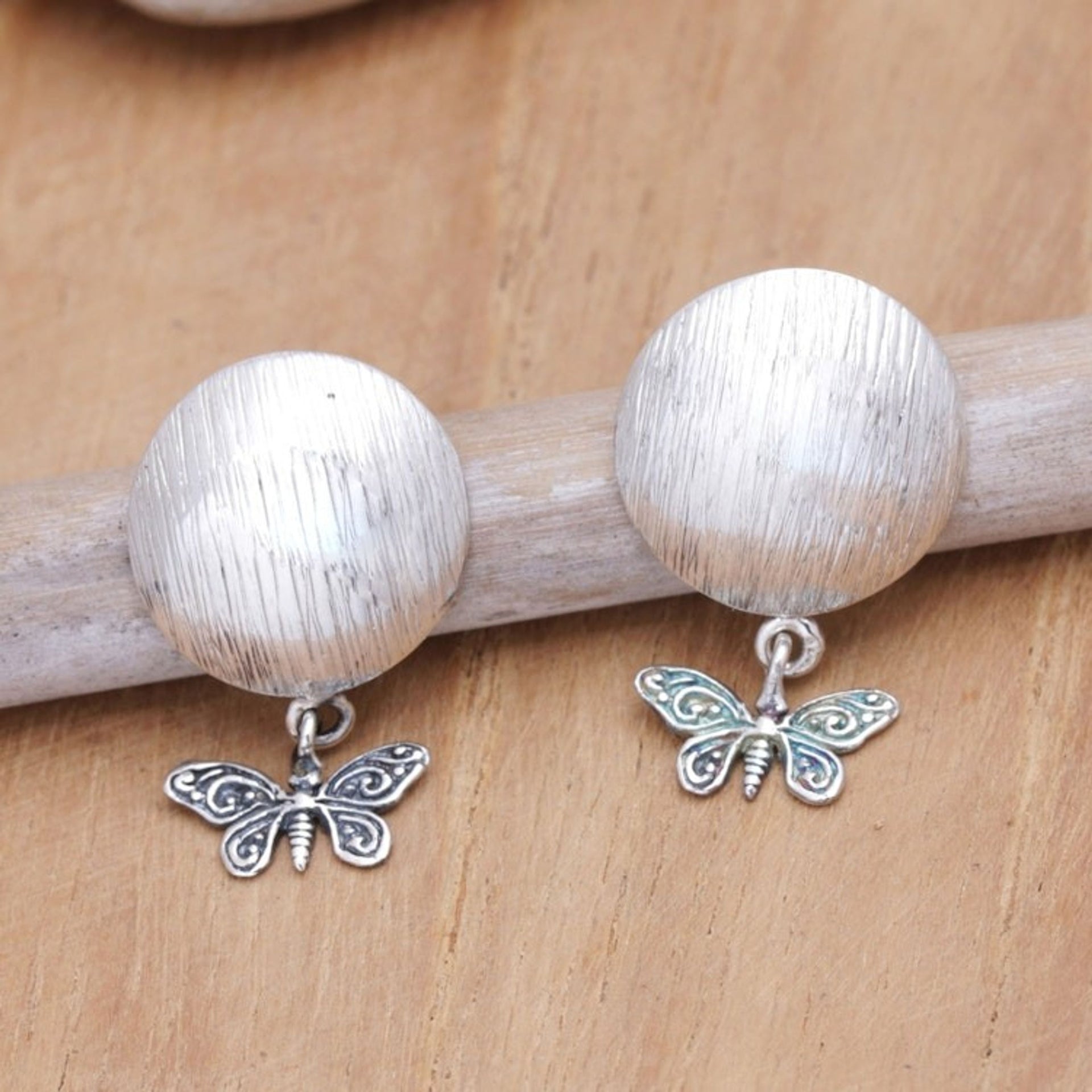 Sterling Silver Round Dangle Earrings with Butterflies 'Shield of Hope'