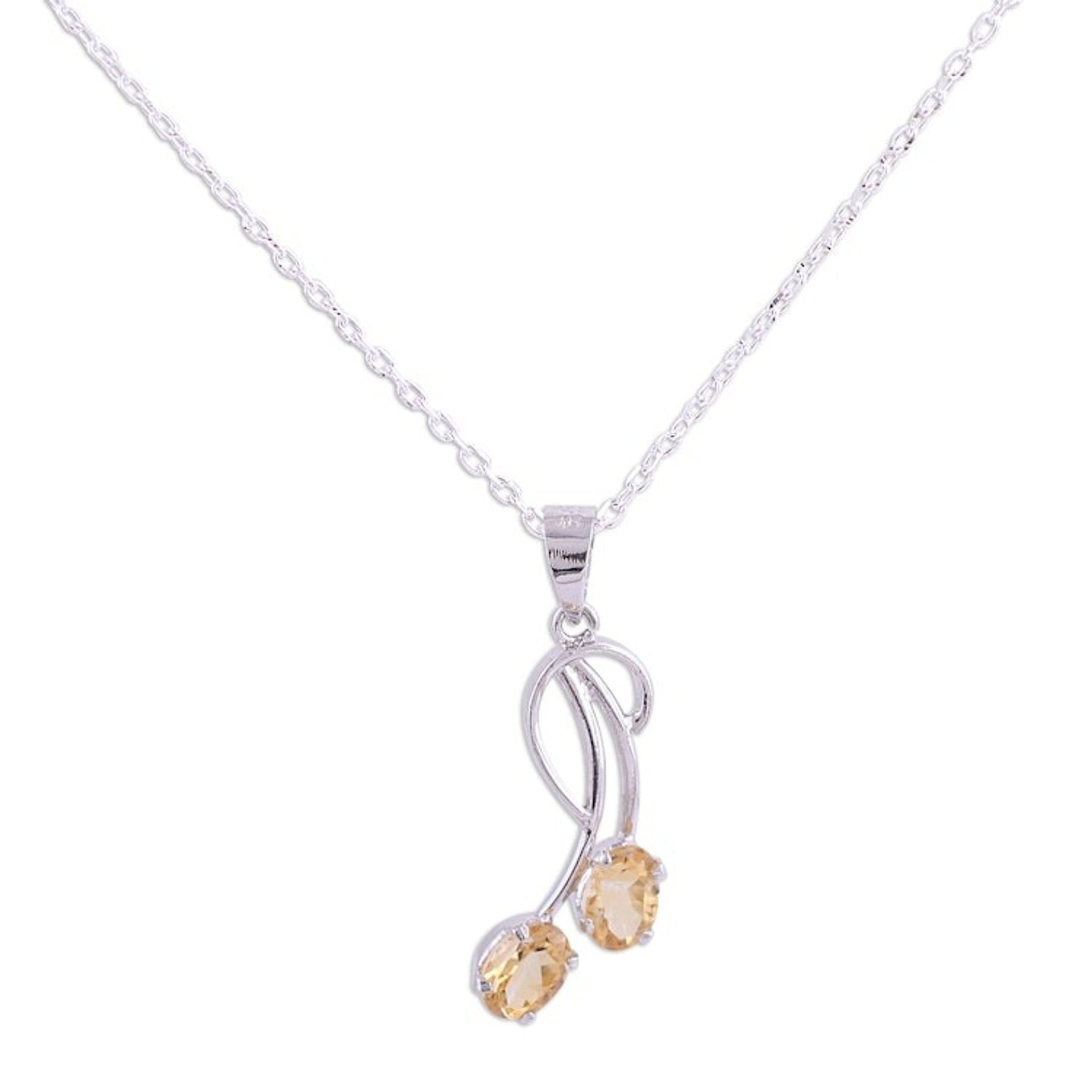 Citrine and Rhodium Plated Sterling Silver Pendant Necklace 'Curve'