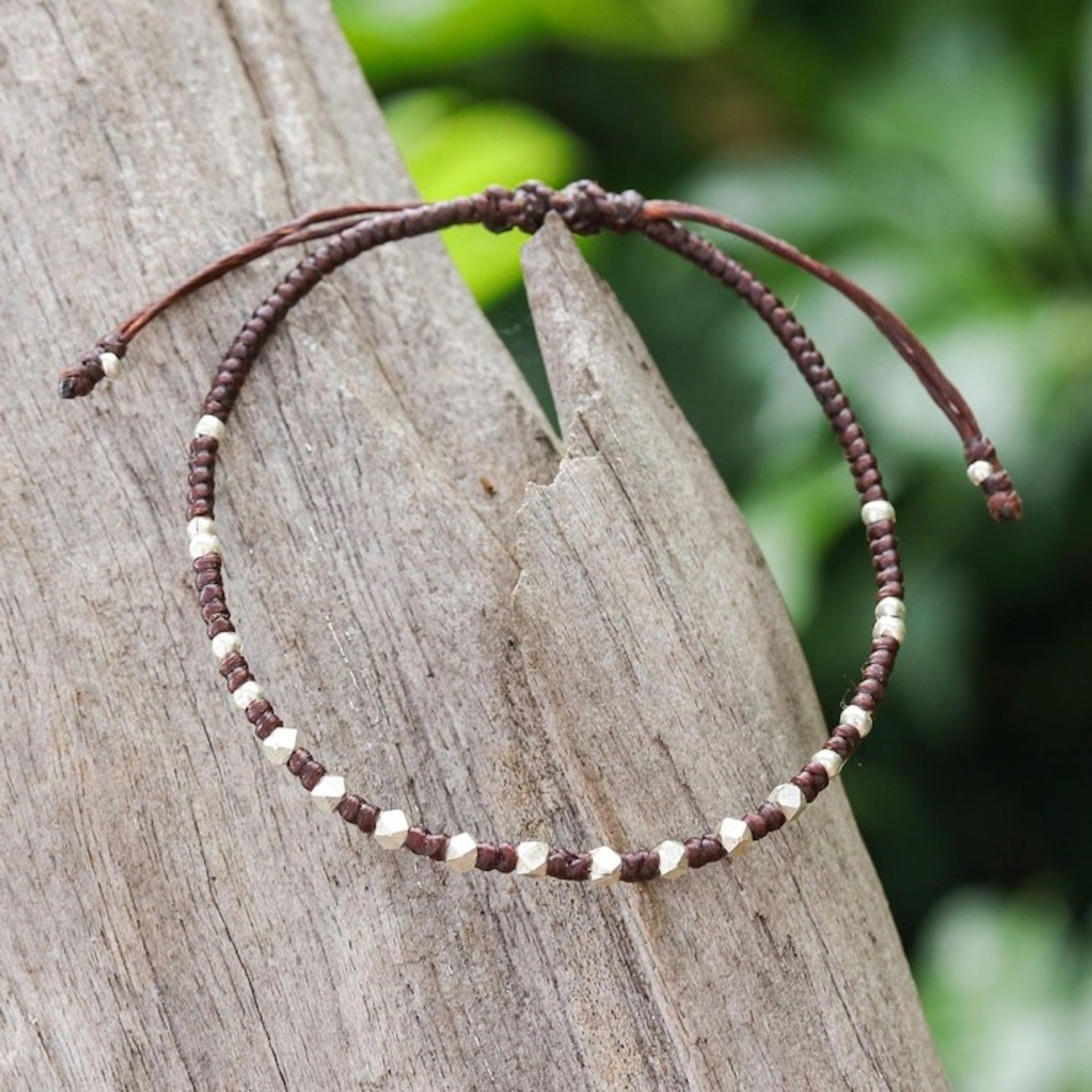 Handcrafted Brown Adjustable Bracelet with Silver Beads 'Youthful Geometry'