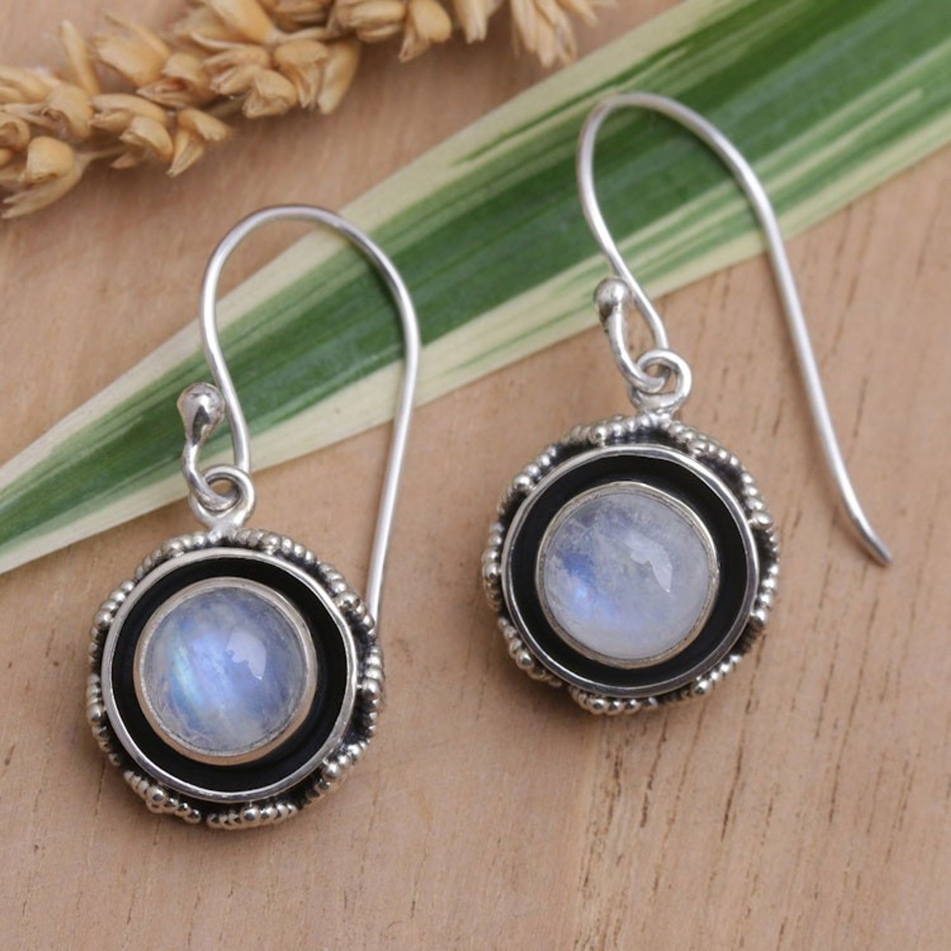 Rainbow Moonstone and Sterling Silver Dangle Earrings 'Batur'