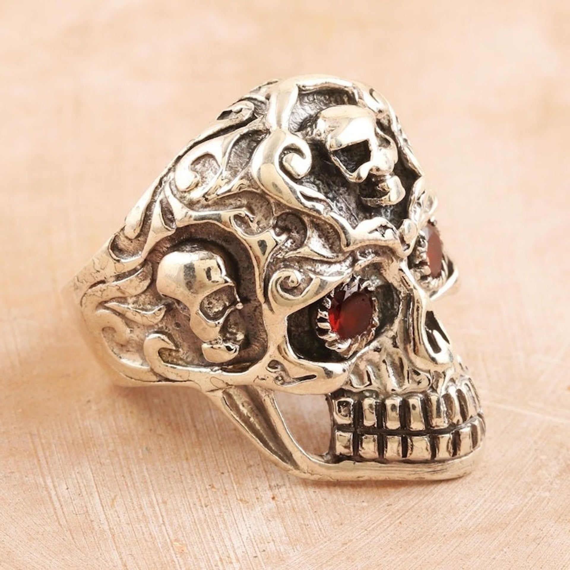 Sterling Silver Skull Cocktail Ring with Garnet Stones 'Passionate Specter'