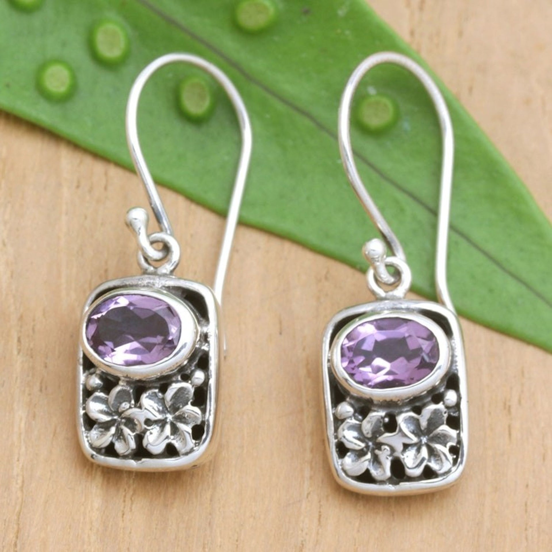Floral Sterling Silver Dangle Earrings with Faceted Amethyst 'Blooming Purple'