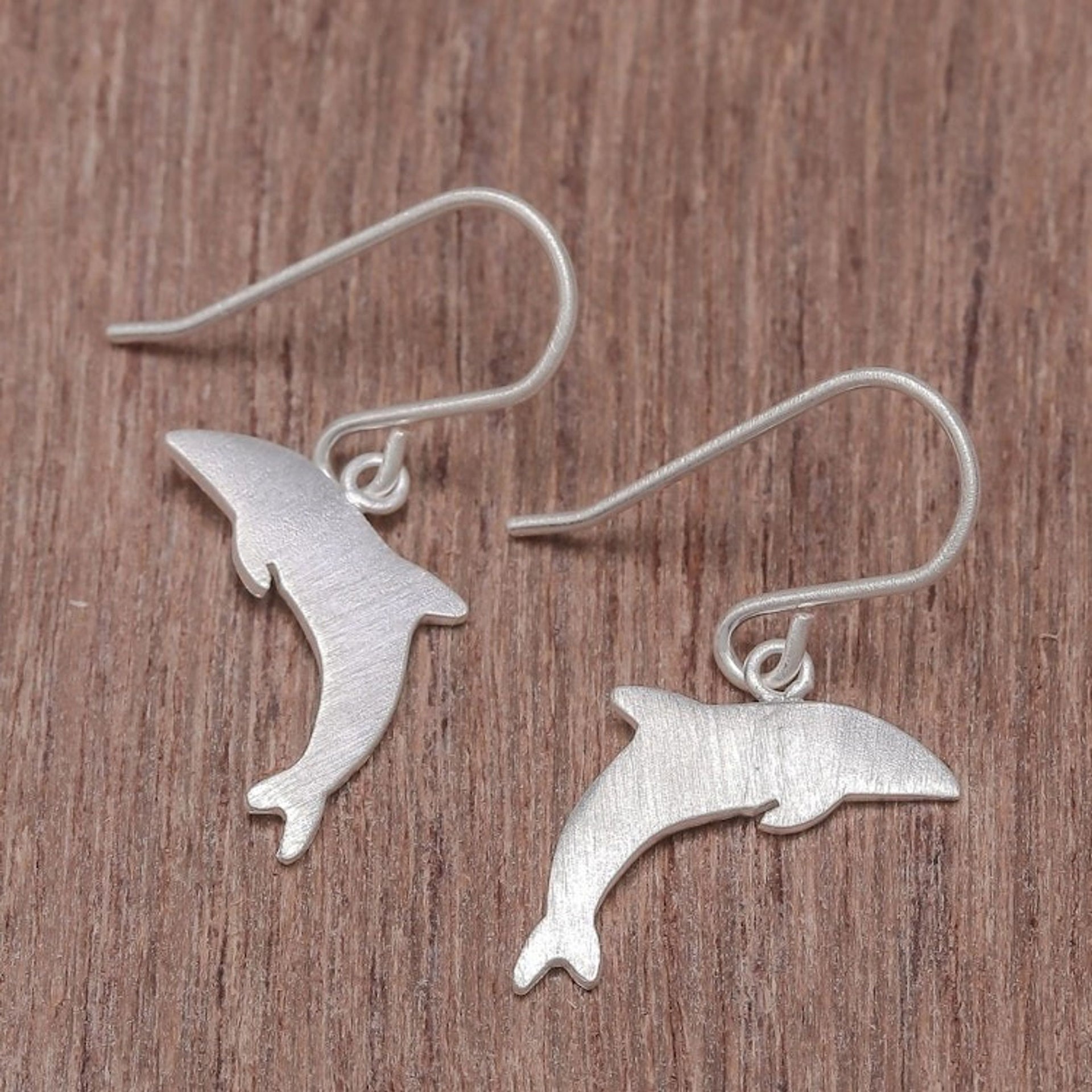 Brushed-Satin Sterling Silver Dolphin Dangle Earrings 'Joyous Dolphin'