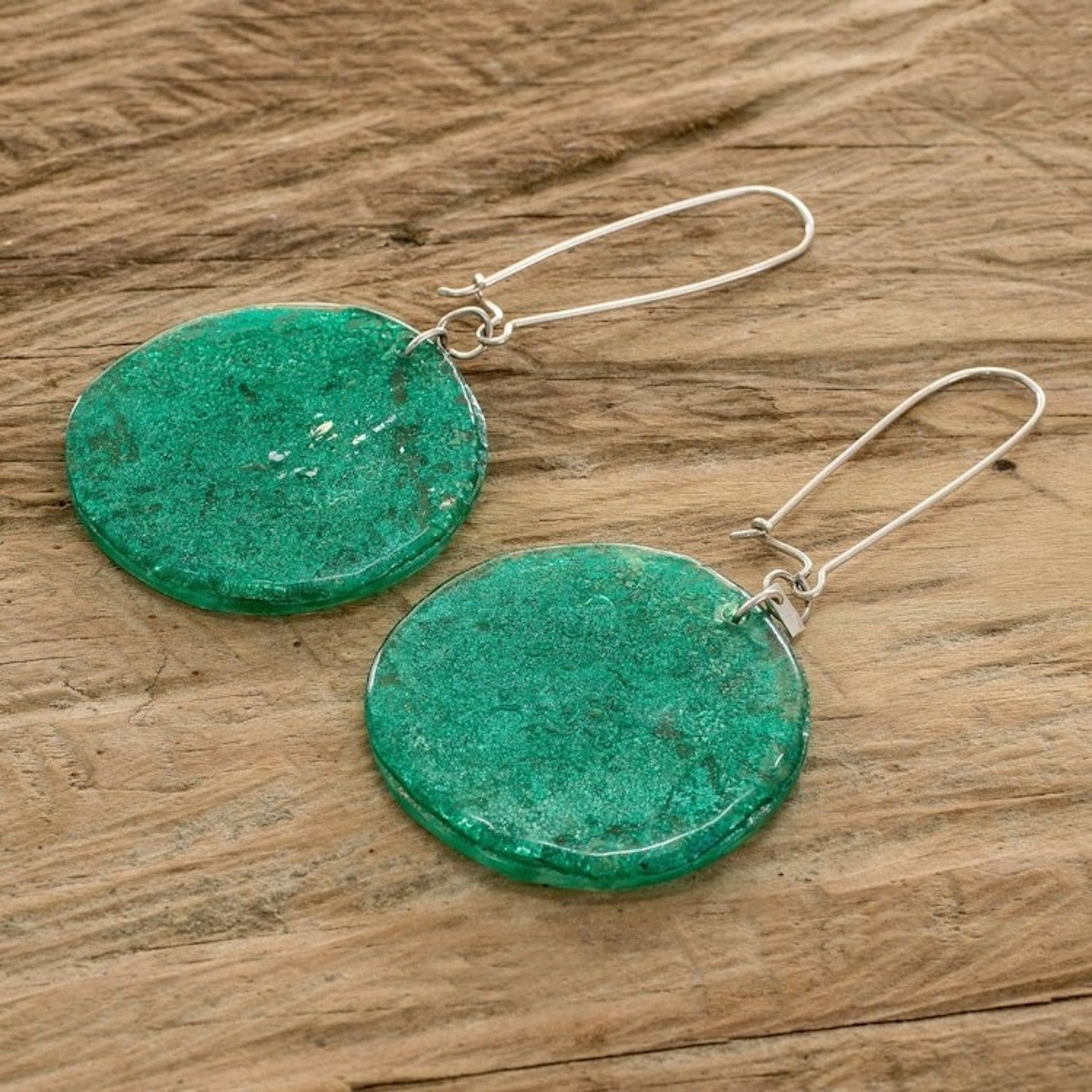 Eco-Friendly Green Round Recycled CD Dangle Earrings 'Green Moon'