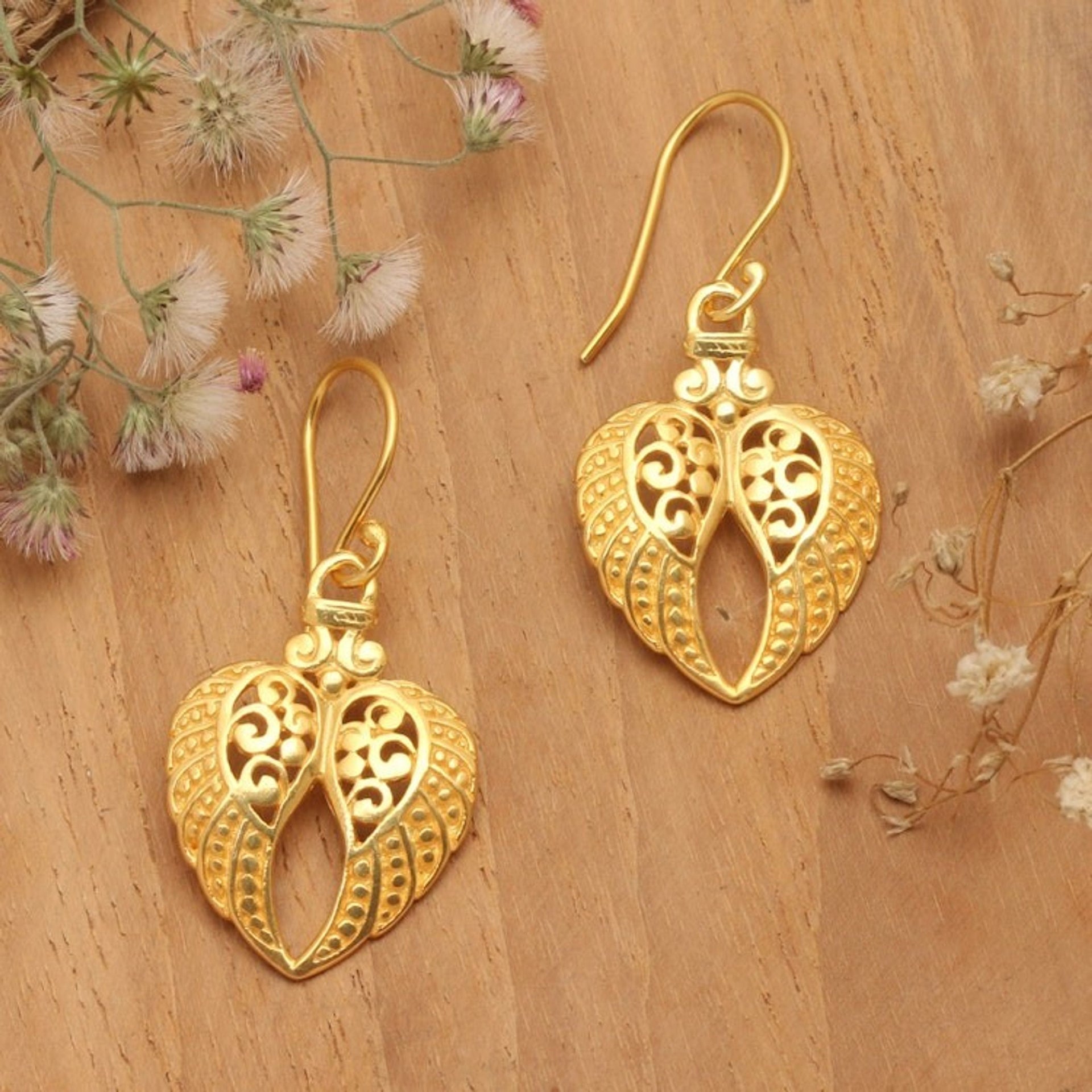 Traditional Angel-Themed 22k Gold-Plated Dangle Earrings 'Angelic Flight'
