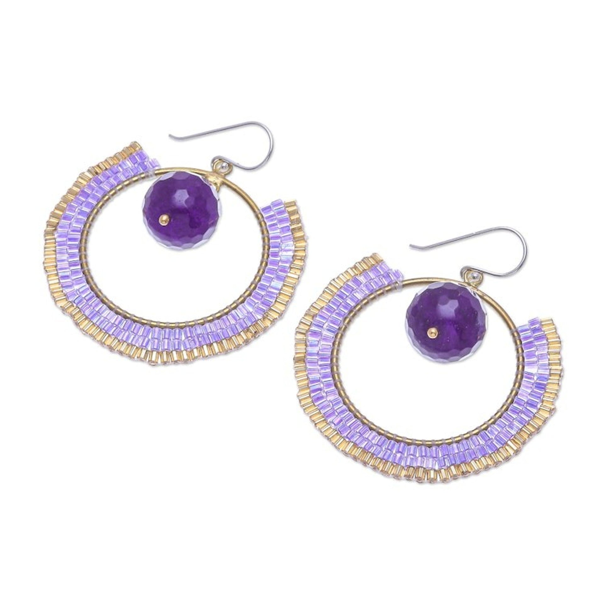 Quartz and Glass Beaded Circle Earrings 'Universal Sun in Lavender'