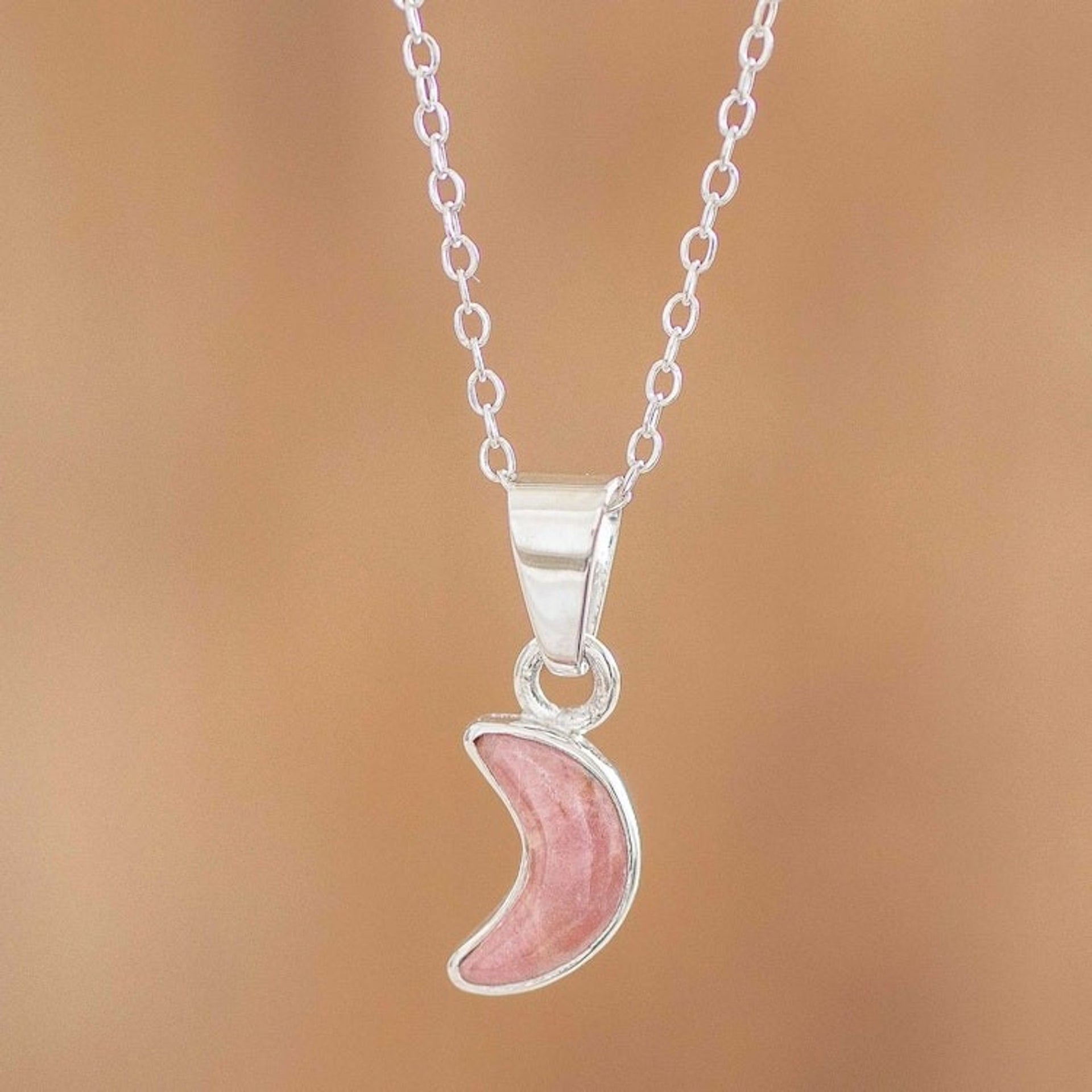 Sterling and Rhodonite Necklace 'Moon Crescent in Pink'