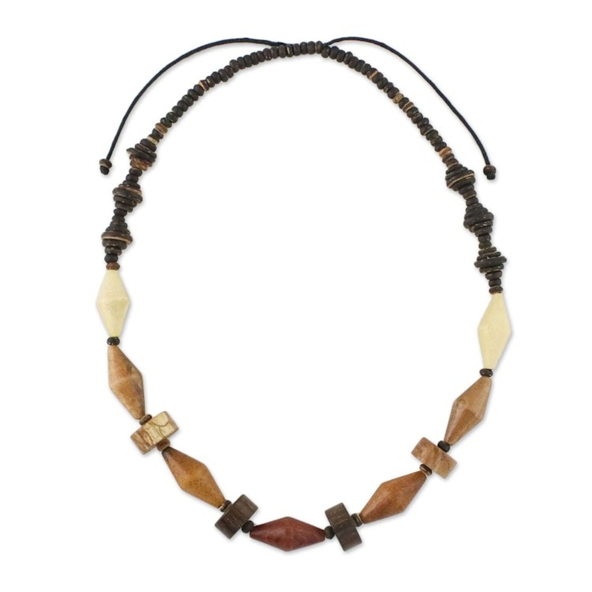 Wood and Coconut Shell Long Bead Necklace from Thailand 'Summer Traveler'