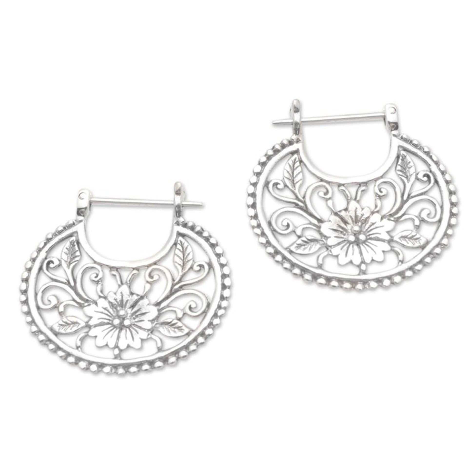 Balinese Sterling Silver Hoop Earrings 'Floral Curves'
