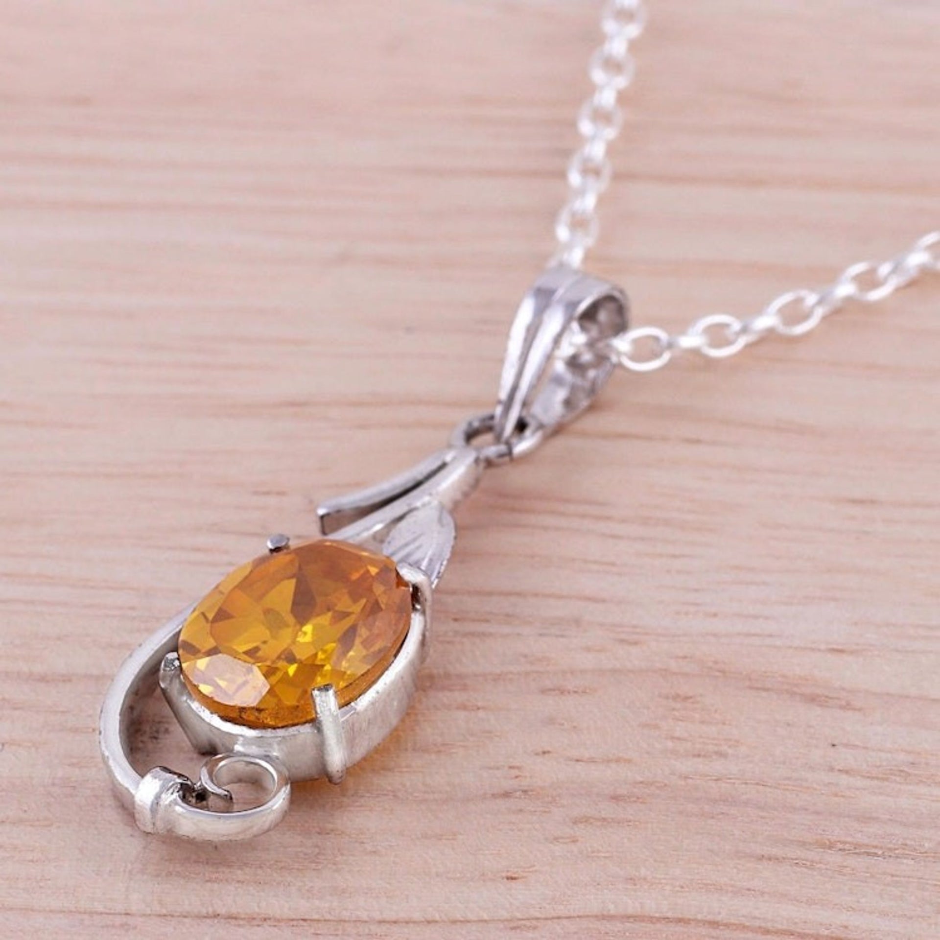 Rhodium Plated Yellow Citrine Pendant Necklace from India 'Morning Vine'