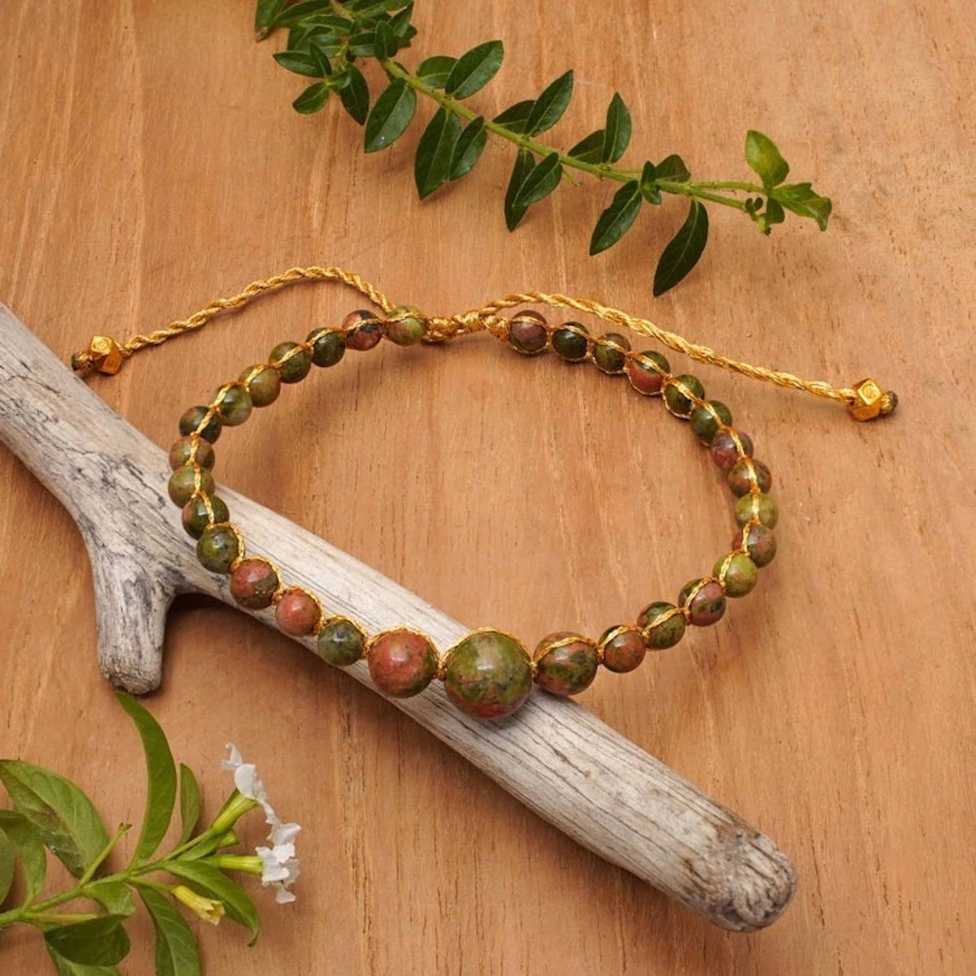 Balinese Natural Unakite Beaded Bracelet with Golden Accents 'Natural Spirituality'