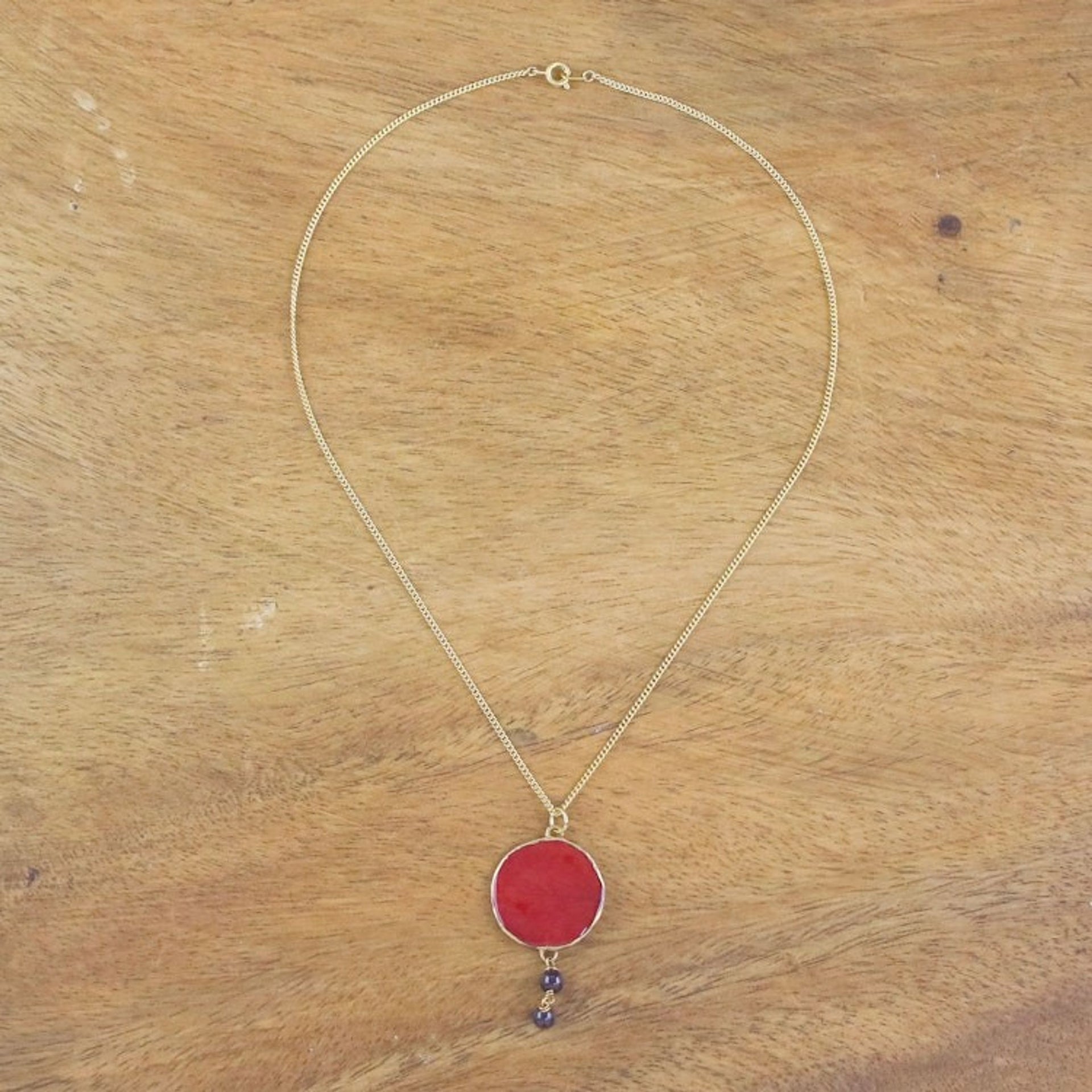 Garnet and Gold Plated Natural Rose Petal Pendant Necklace 'Autumn Red Rose'