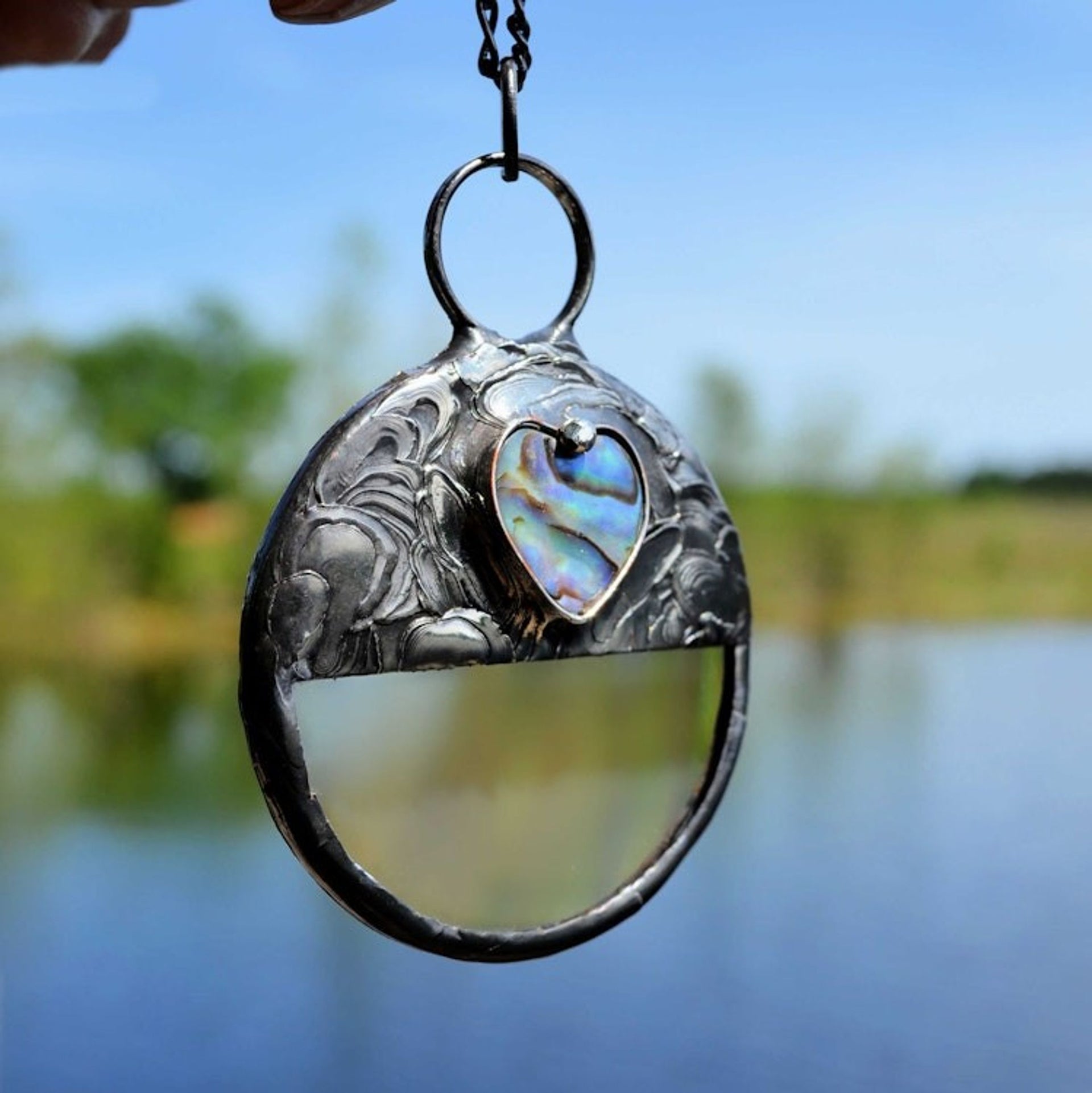 Magnifying Glass Necklace, Abalone Heart Accent