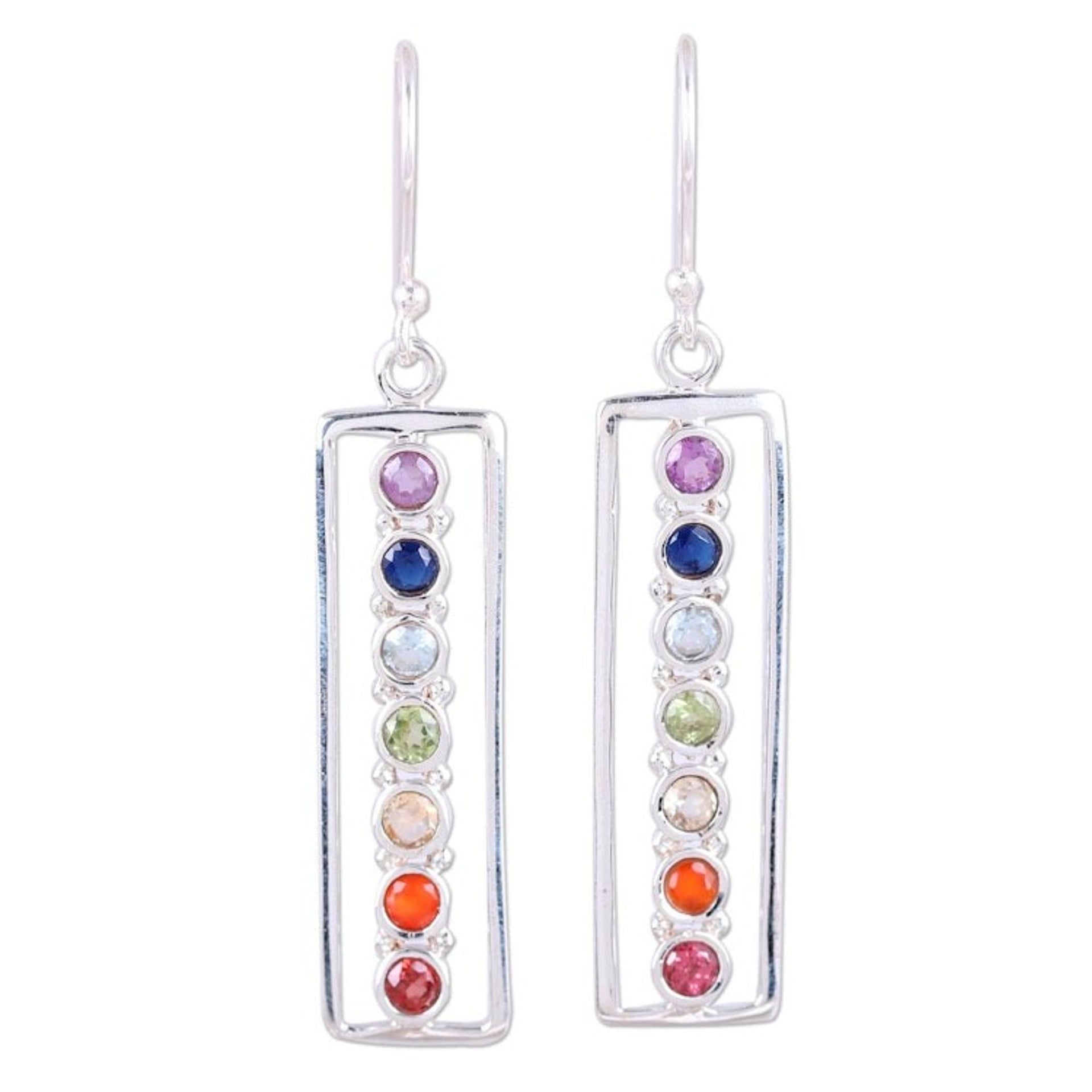 925 Sterling Silver Multi-Gemstone Chakra Dangle Earrings 'Shimmering Chakra'