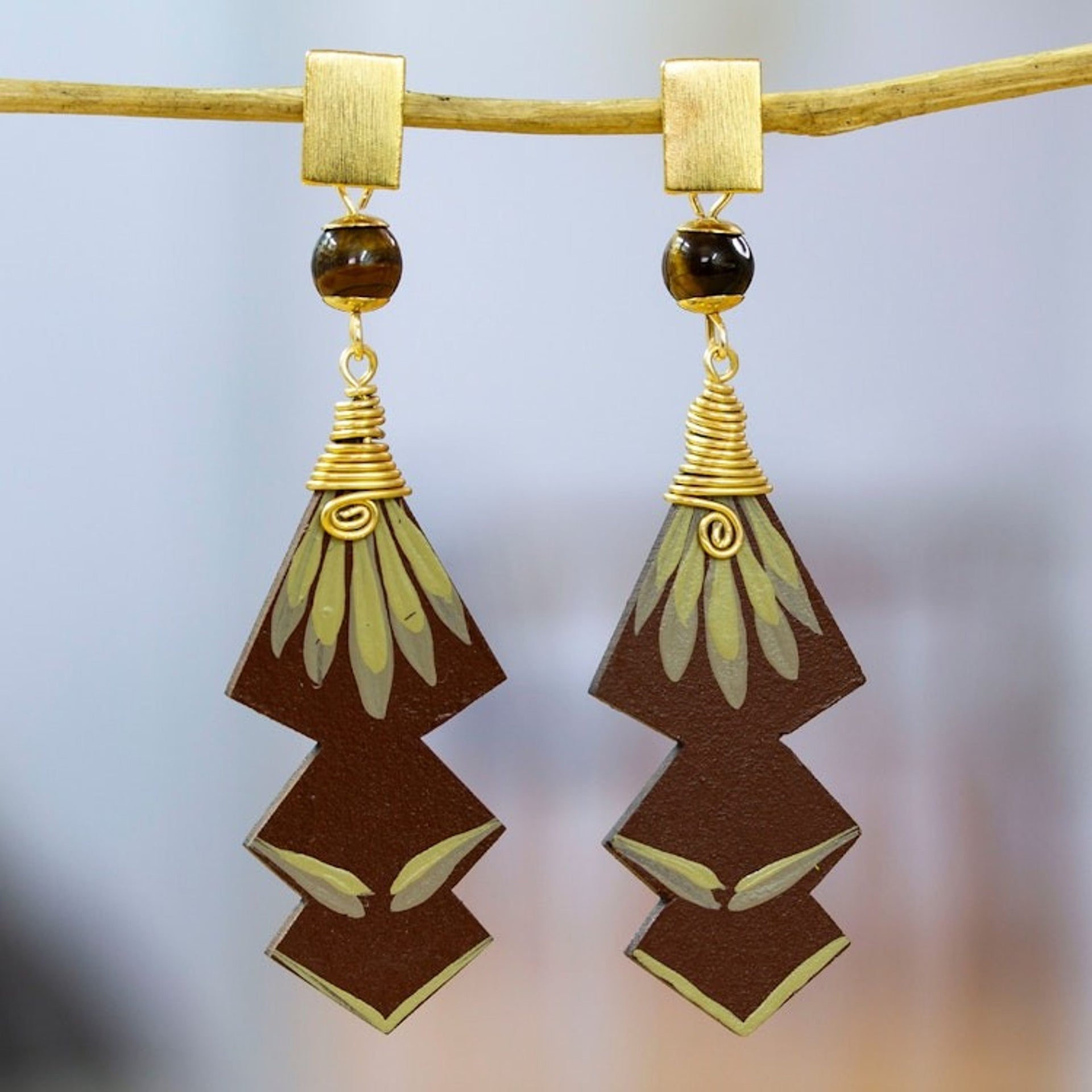 24k Gold-Accented Agate Dangle Earrings in Chocolate Hues 'Chocolate Splendor'